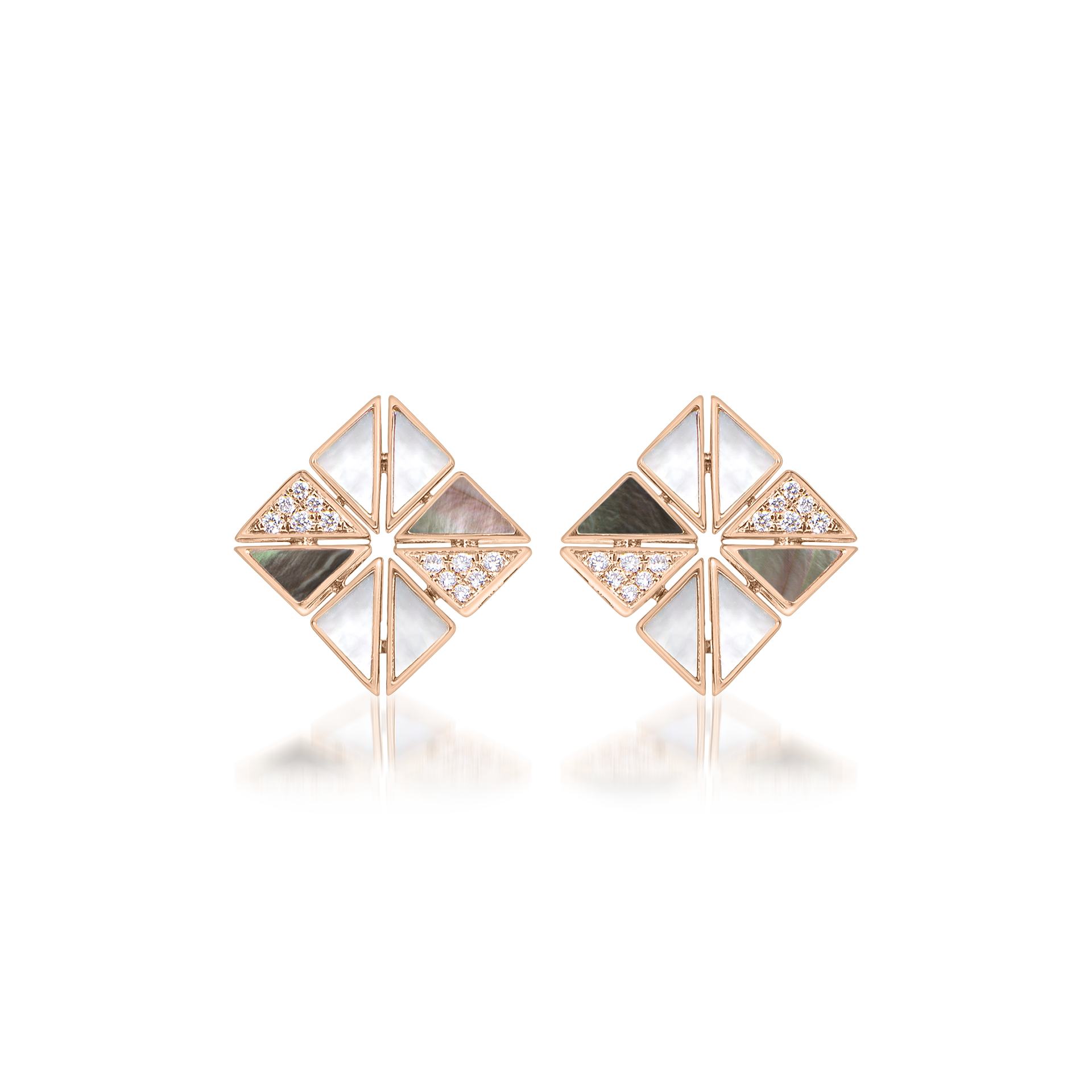 Deco Vertex Studs with Grey Mother of Pearl,  White Mother of Pearl and Diamonds  In 18K Rose Gold