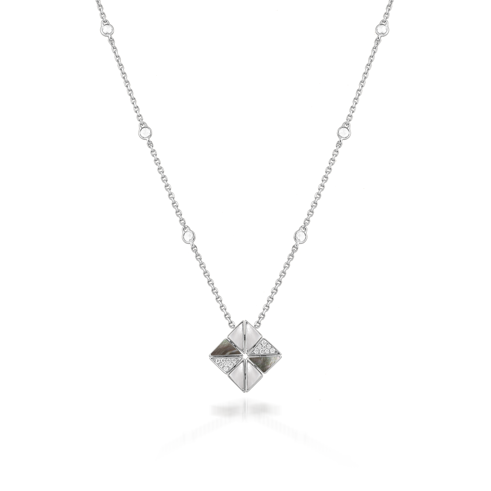 Deco Vertex Necklace with Grey Mother of Pearl, White Mother of Pearl and Diamonds  In 18K White Gold