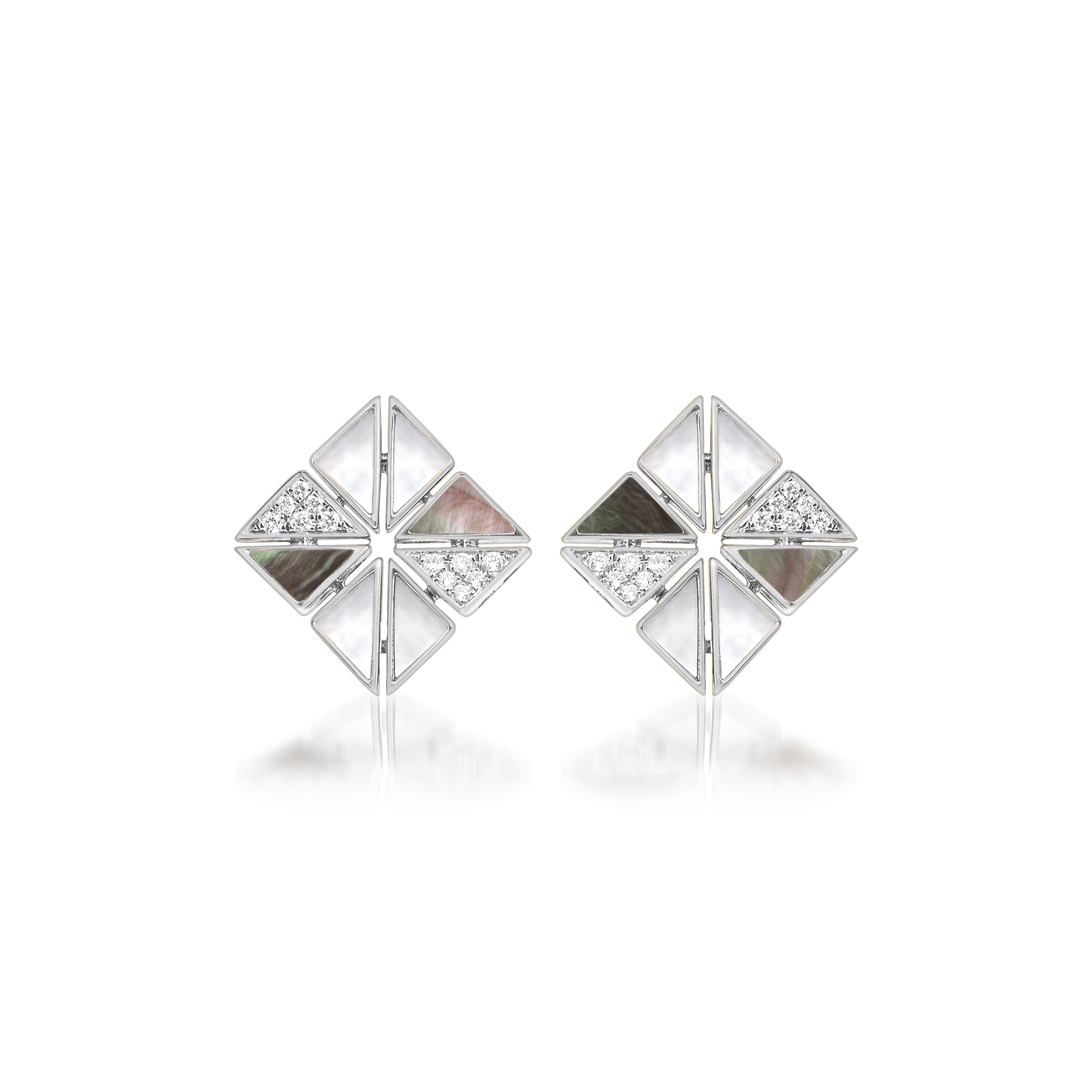 Deco Vertex Studs with Grey Mother of Pearl,  White Mother of Pearl and Diamonds  In 18K White Gold