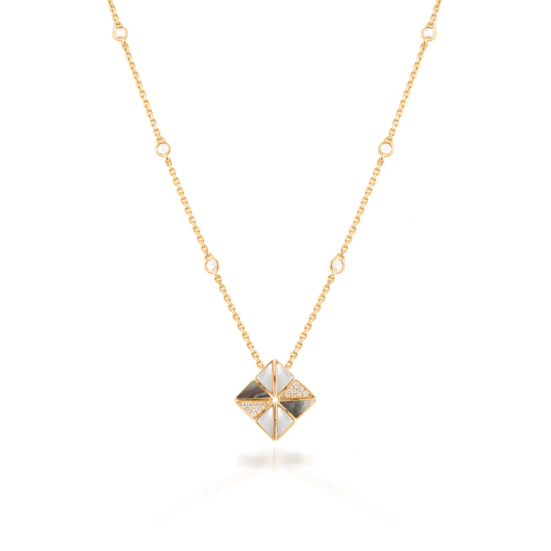 Deco Vertex Necklace with Grey Mother of Pearl, White Mother of Pearl and Diamonds  In 18K Yellow Gold