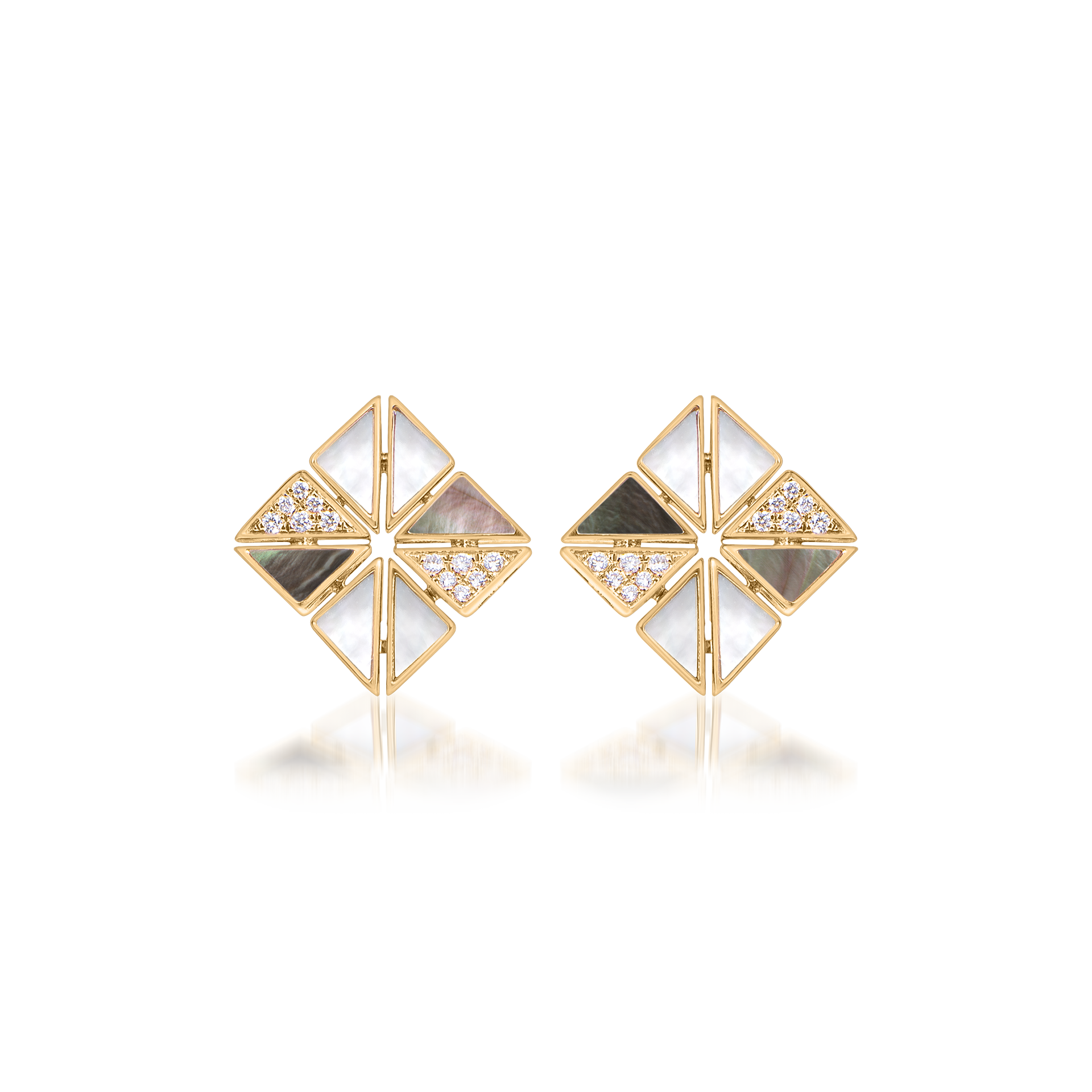 Deco Vertex Studs with Grey Mother of Pearl,  White Mother of Pearl and Diamonds  In 18K Yellow Gold