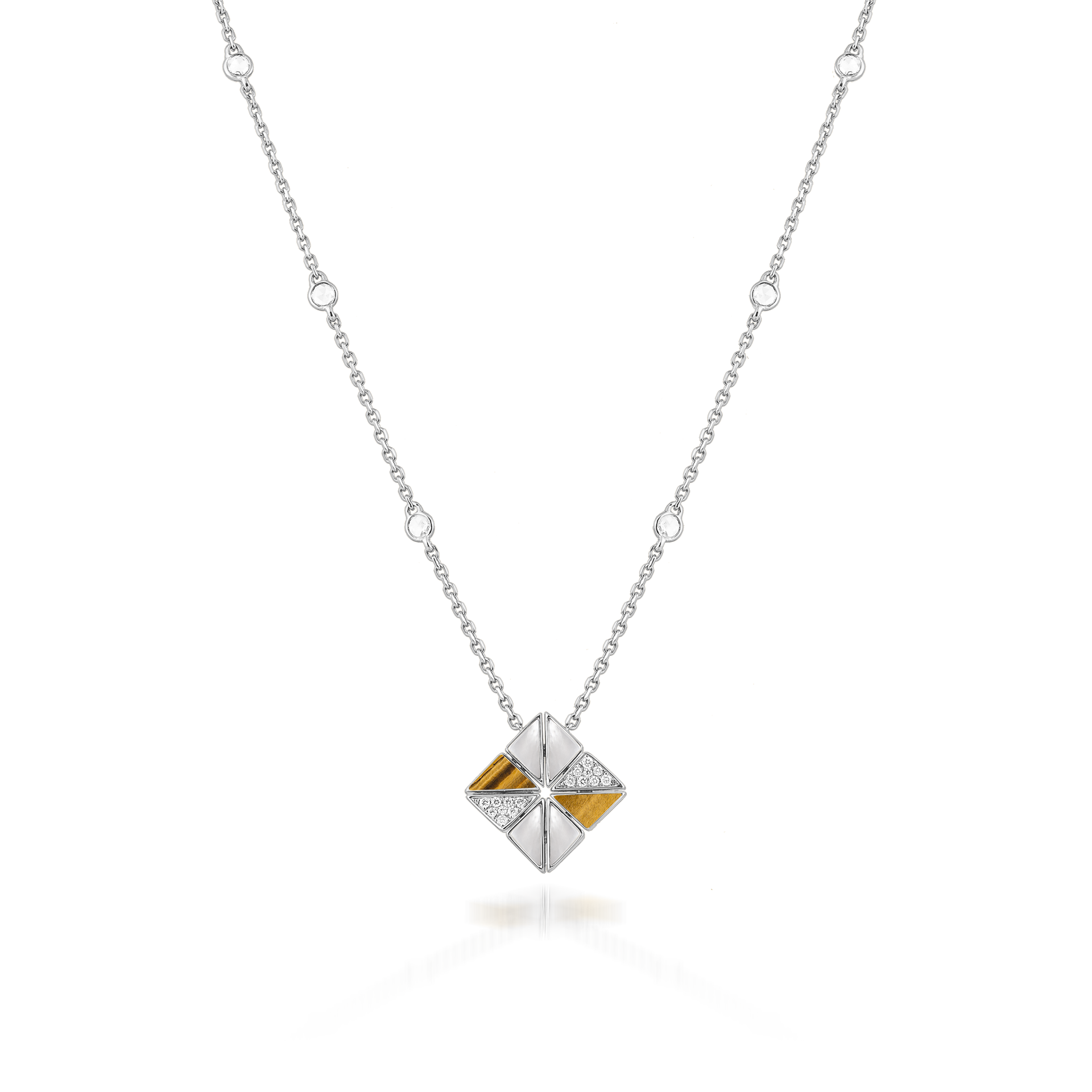 Deco Vertex Necklace with Tiger Eye, White Mother of Pearl and Diamonds  In 18K White Gold