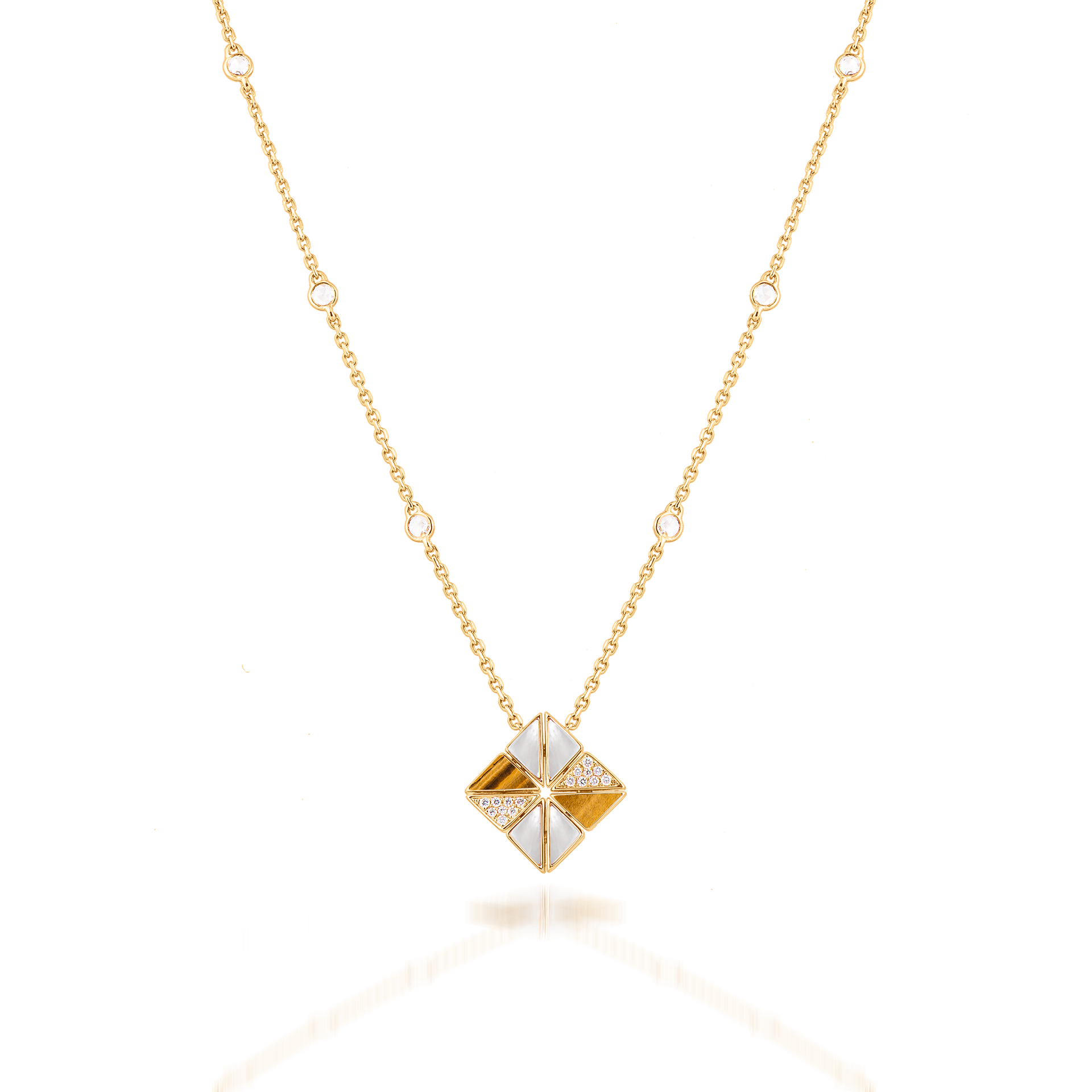 Deco Vertex Necklace with Tiger Eye, White Mother of Pearl and Diamonds  In 18K Yellow Gold