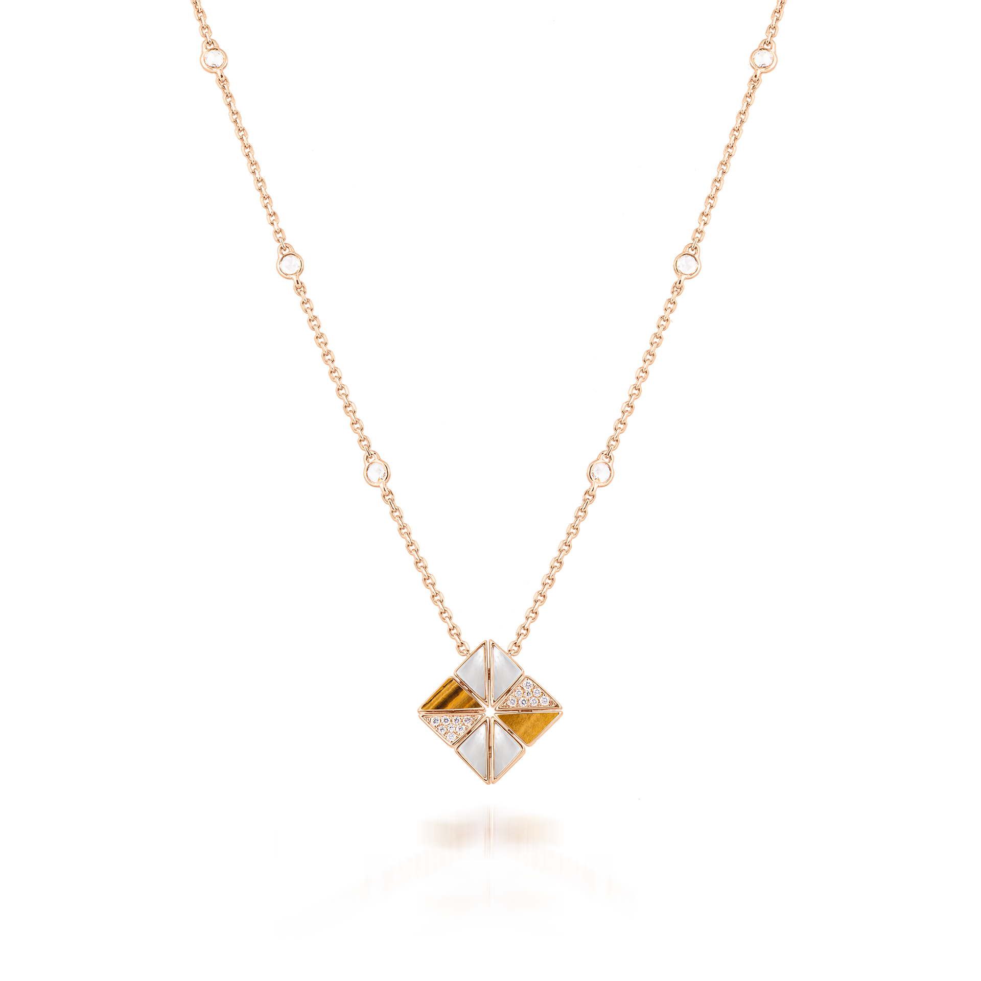 Deco Vertex Necklace with Tiger Eye, White Mother of Pearl and Diamonds  In 18K Rose Gold