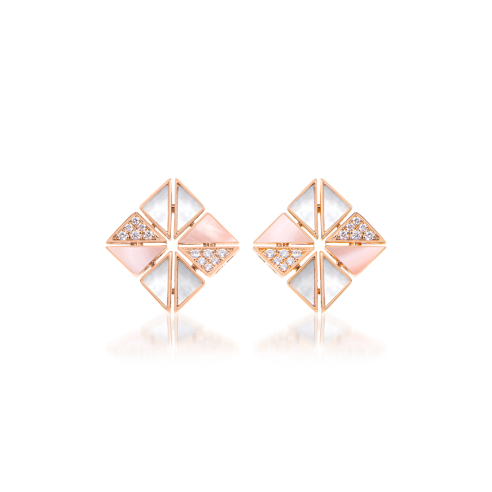 Deco Vertex Studs with Pink Mother of Pearl,  White Mother of Pearl and Diamonds  In 18K Rose Gold