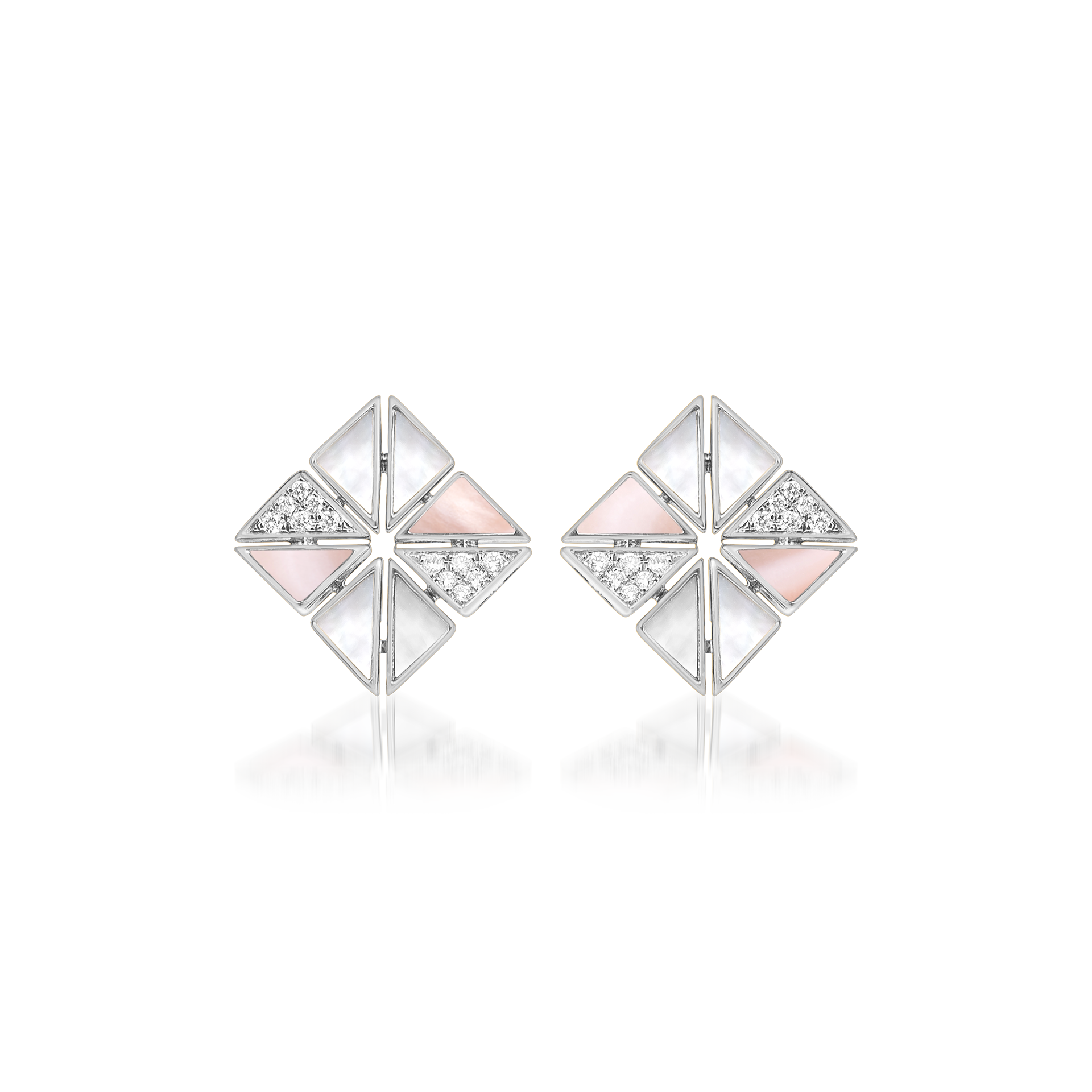 Deco Vertex Studs with Pink Mother of Pearl, White Mother of Pearl and Diamonds In 18K White Gold