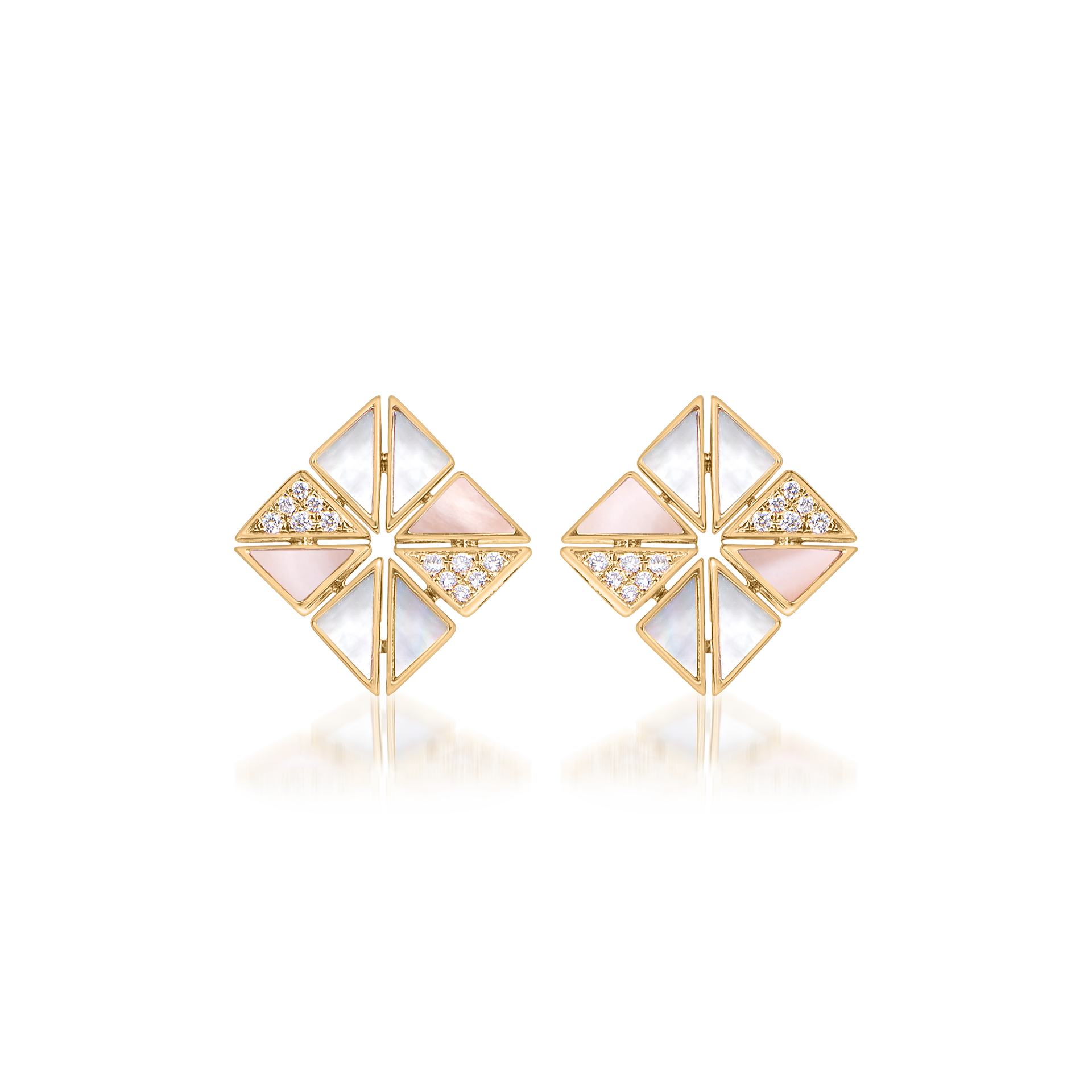 Deco Vertex Studs with Pink Mother of Pearl, White Mother of Pearl and Diamonds In 18K Yellow Gold