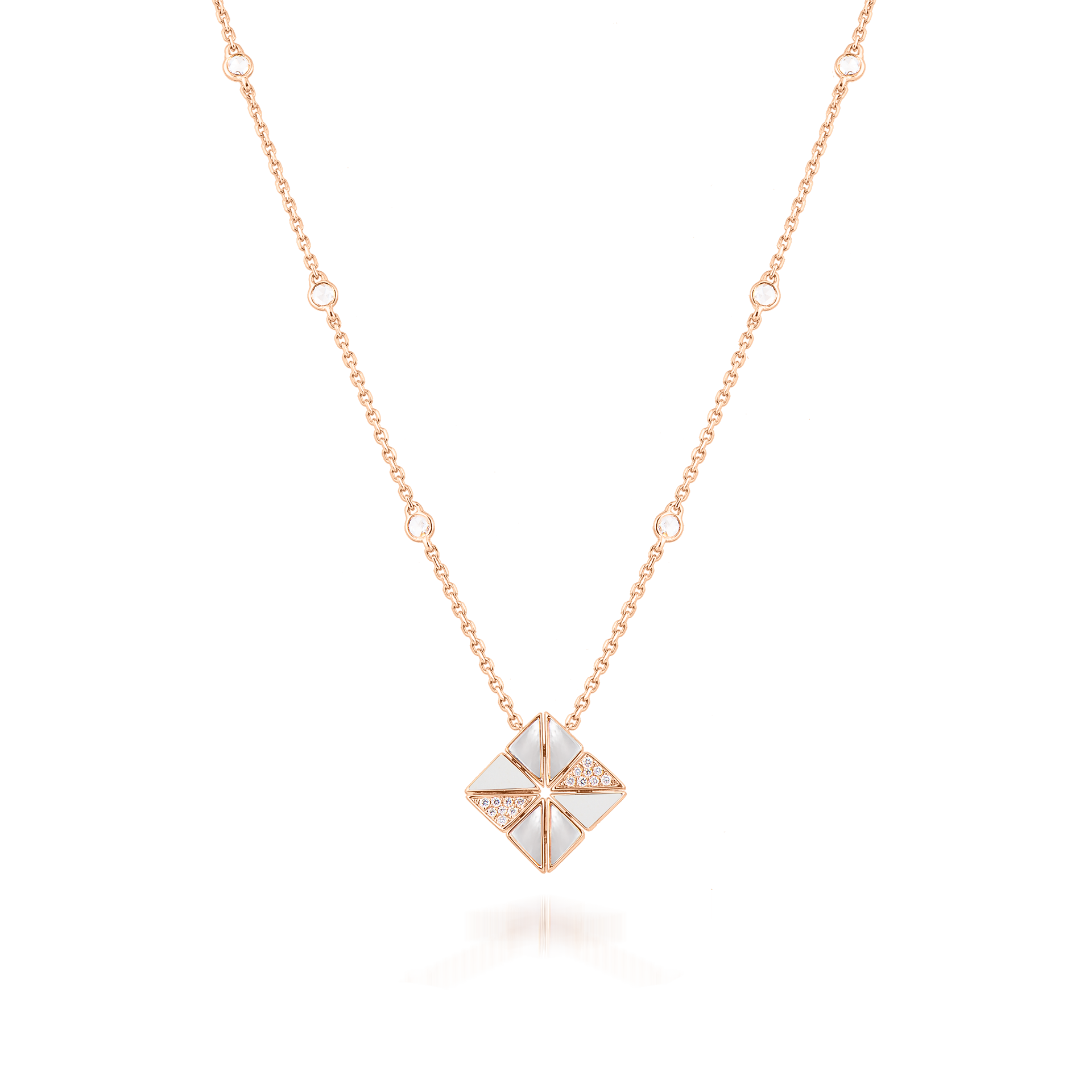 Deco Vertex Necklace with White Agate, White Mother of Pearl and Diamonds  In 18K Rose Gold