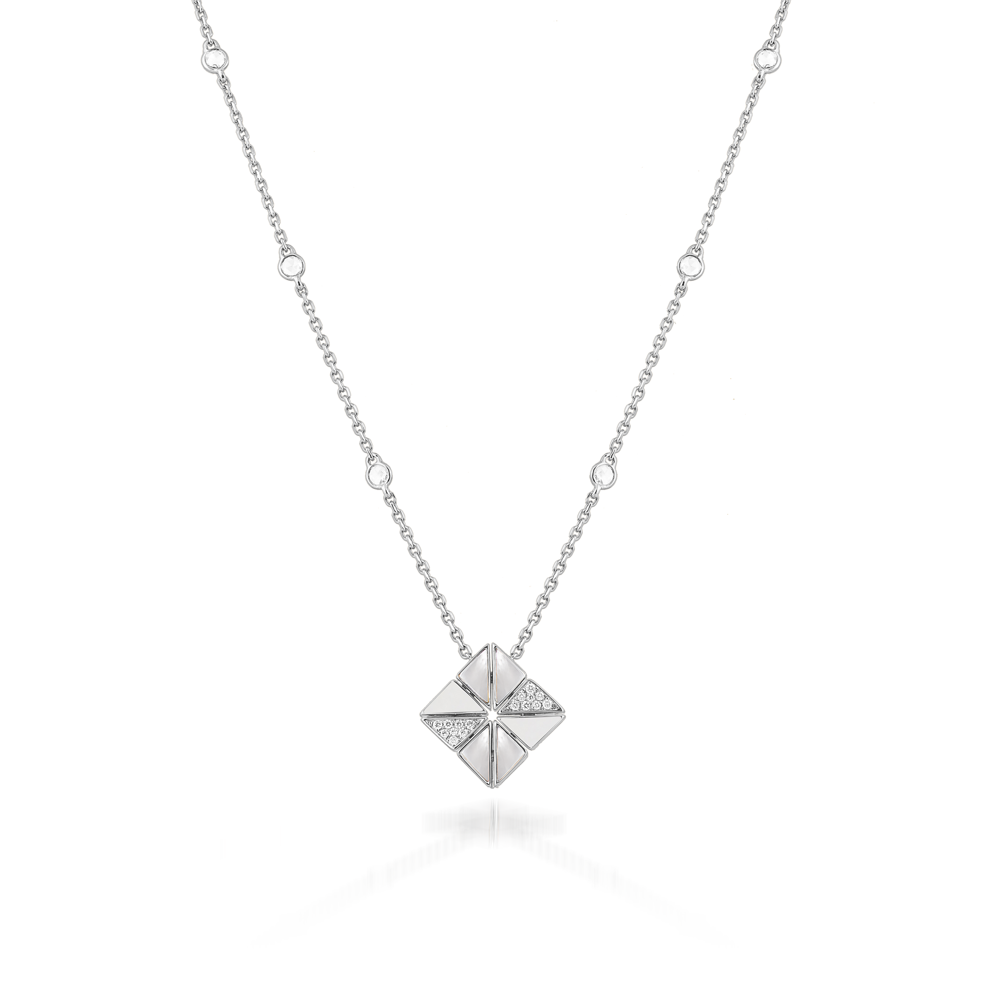 Deco Vertex Necklace with White Agate, White Mother of Pearl and Diamonds  In 18K White Gold