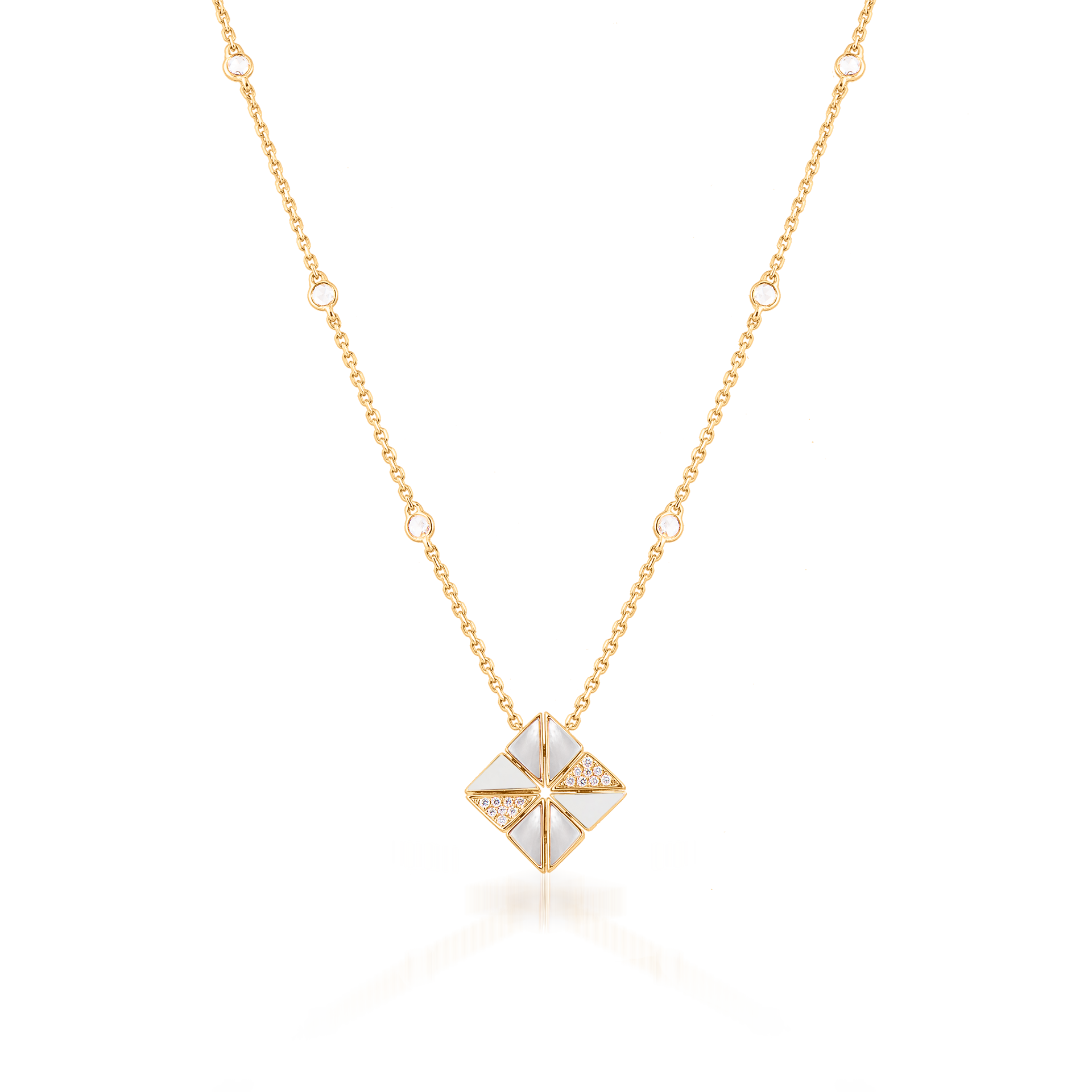 Deco Vertex Necklace with White Agate, White Mother of Pearl and Diamonds  In 18K Yellow Gold
