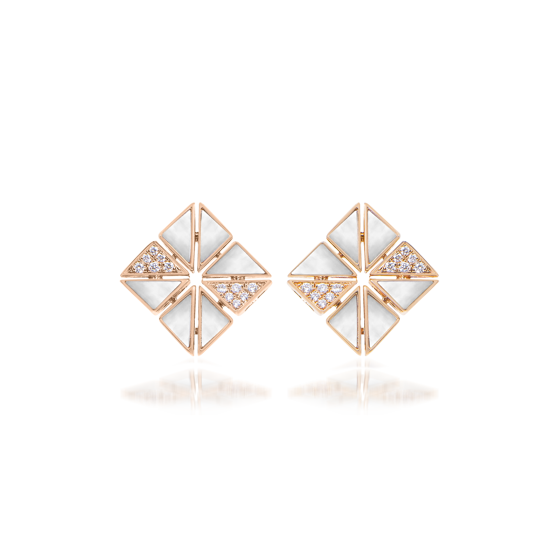 Deco Vertex Studs with White Mother of Pearl and Diamonds  In 18K Rose Gold