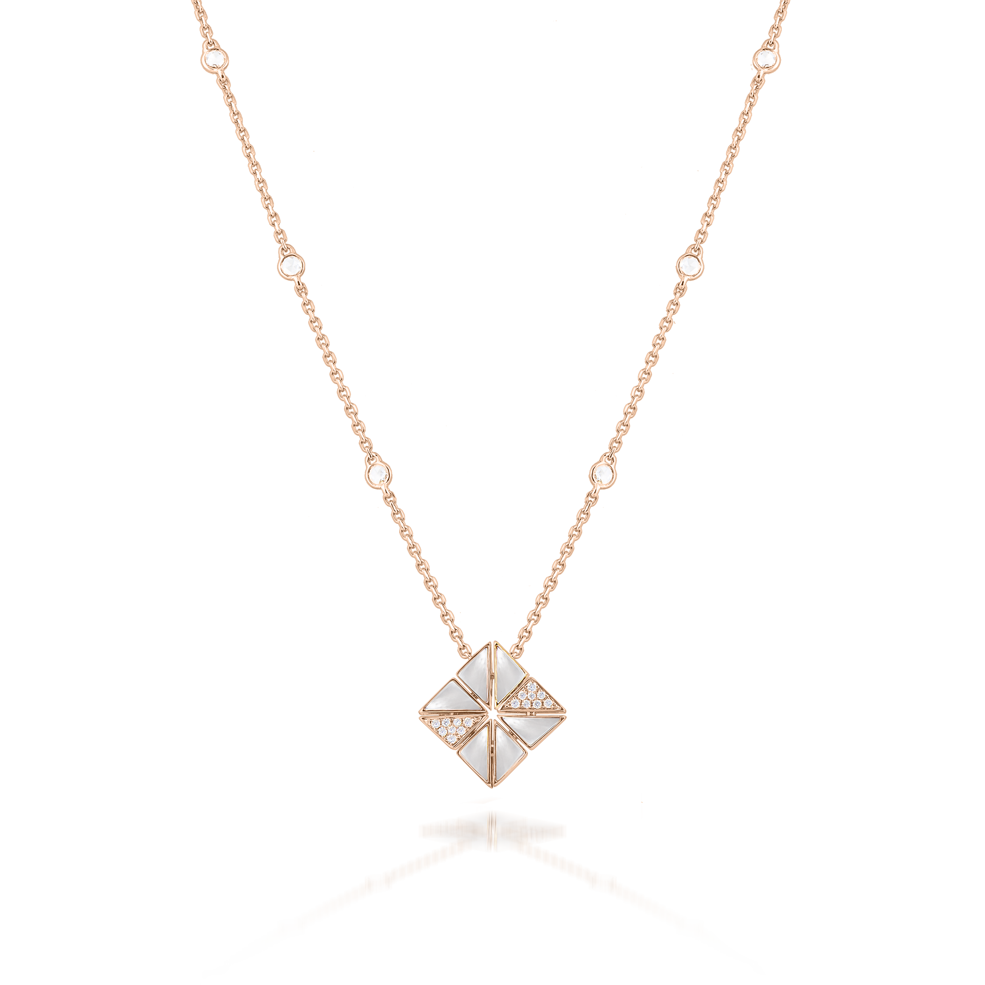 Deco Vertex Necklace with White Mother of Pearl and Diamonds  In 18K Rose Gold