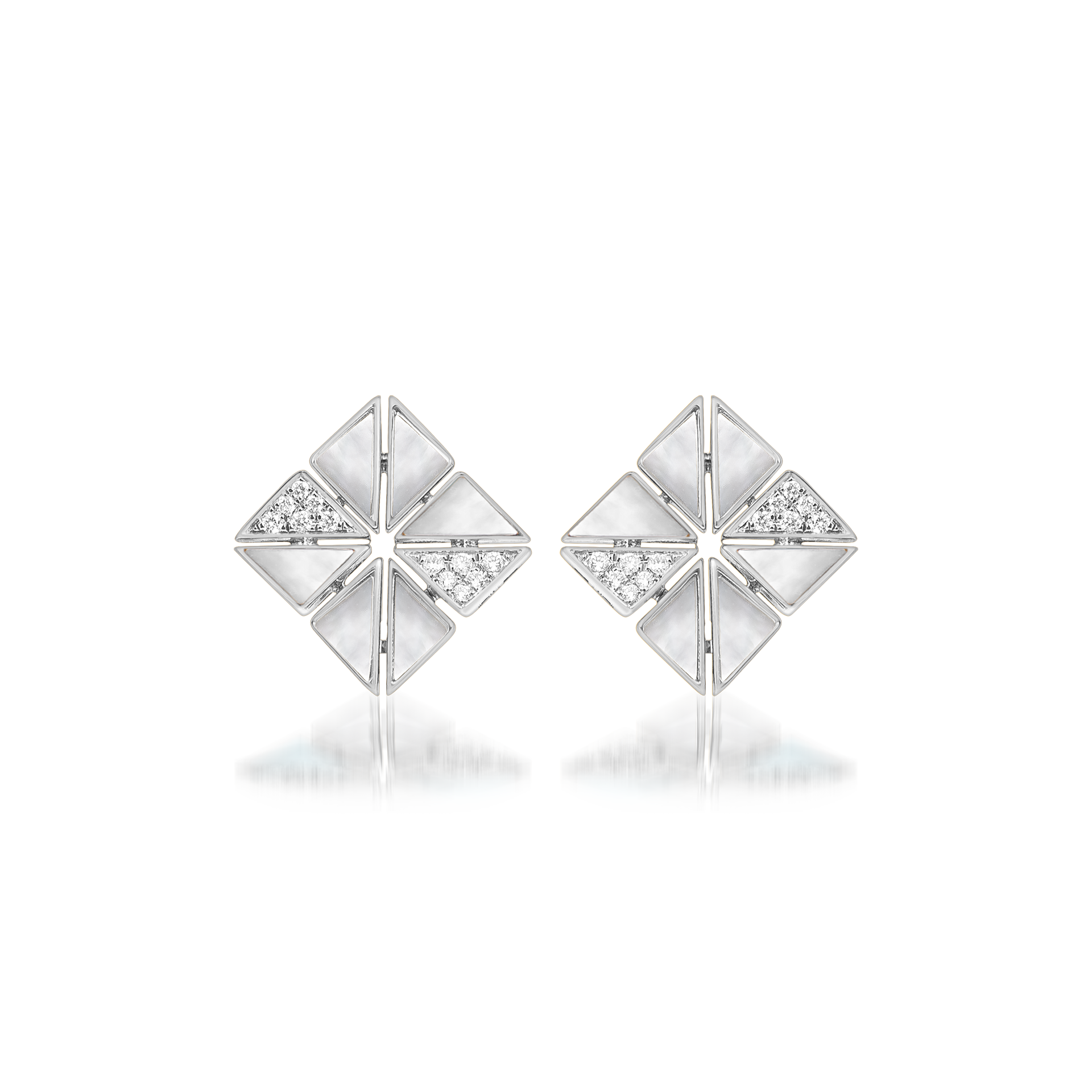 Deco Vertex Studs with White Mother of Pearl and Diamonds  In 18K White Gold