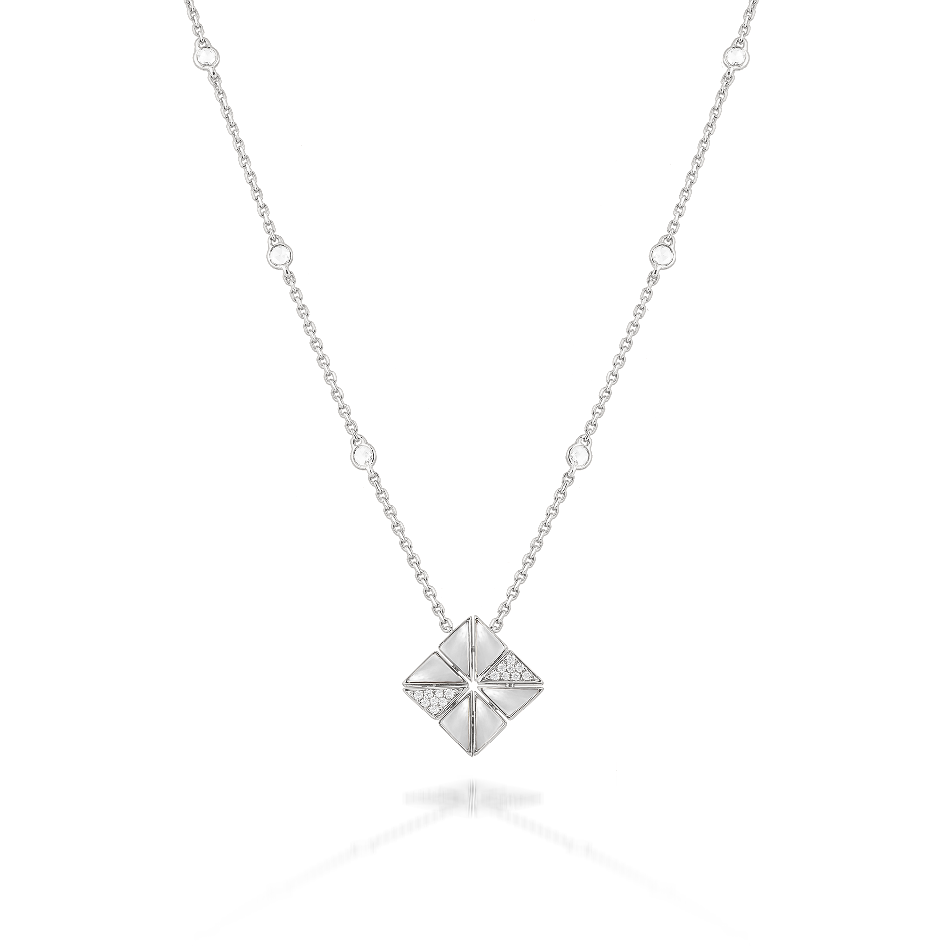 Deco Vertex Necklace with White Mother of Pearl and Diamonds  In 18K White Gold