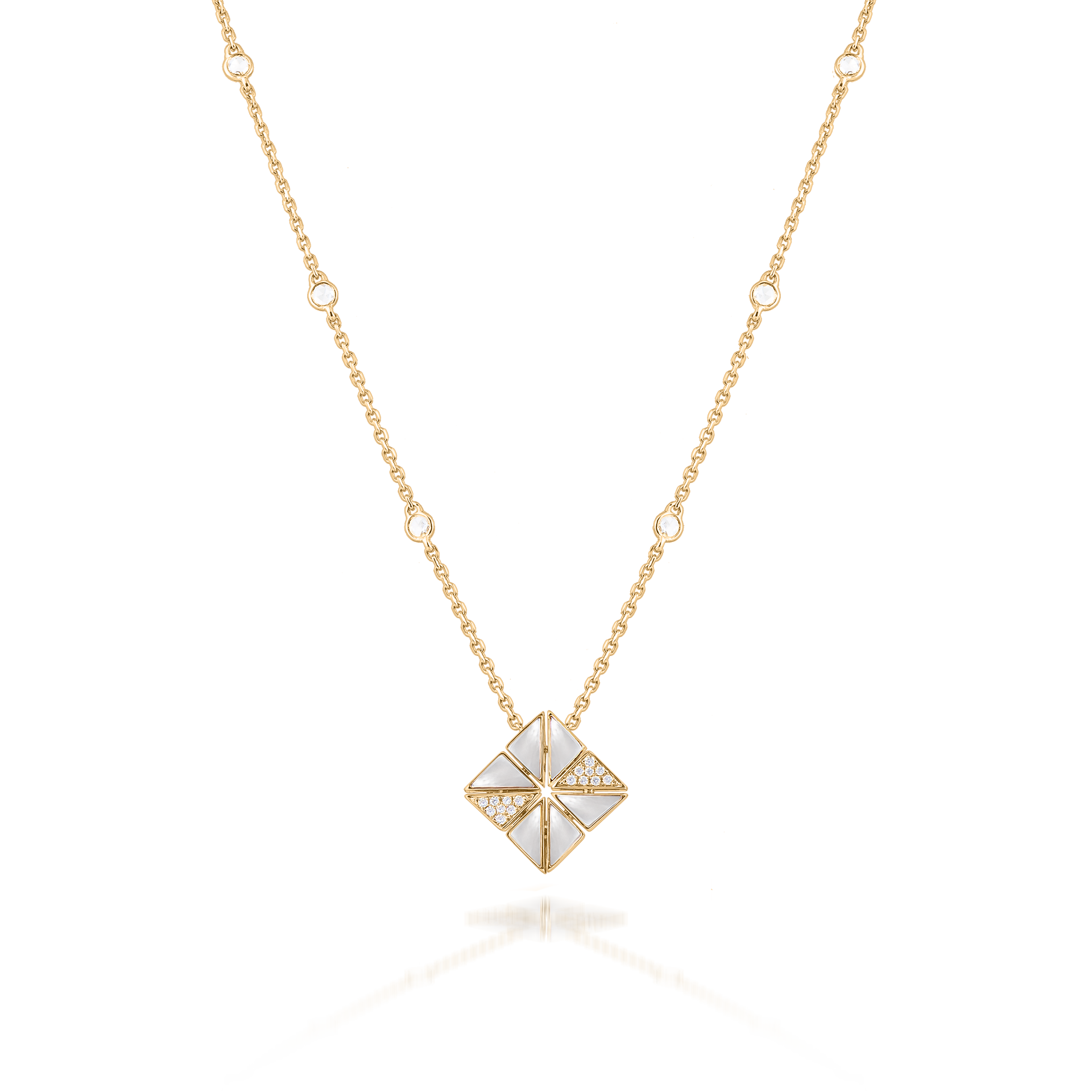 Deco Vertex Necklace with White Mother of Pearl and Diamonds  In 18K Yellow Gold