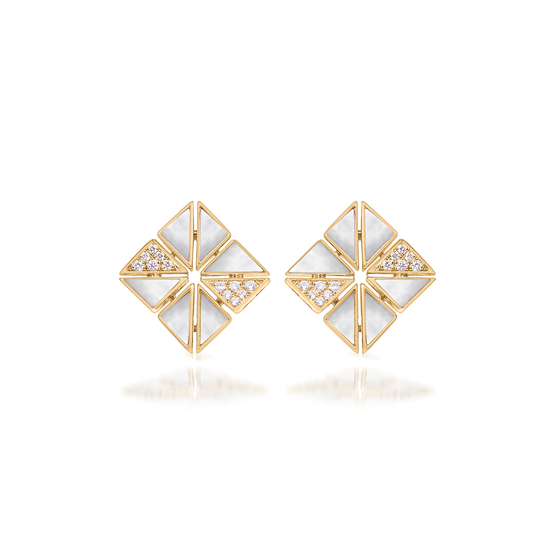 Deco Vertex Studs with White Mother of Pearl and Diamonds  In 18K Yellow Gold