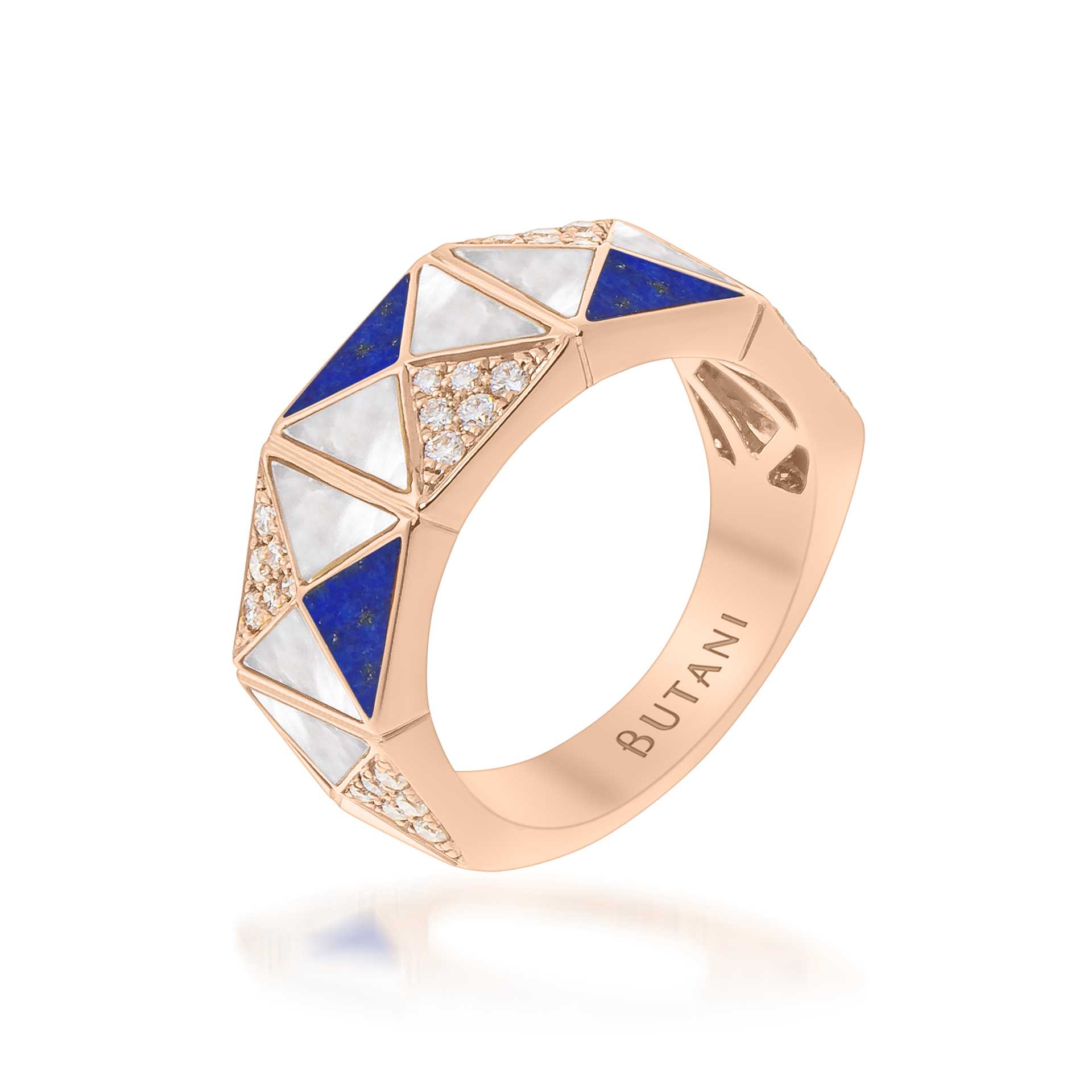 Deco Edge Ring with Lapis Lazuli, White Mother of Pearl & Diamonds In 18K Rose Gold