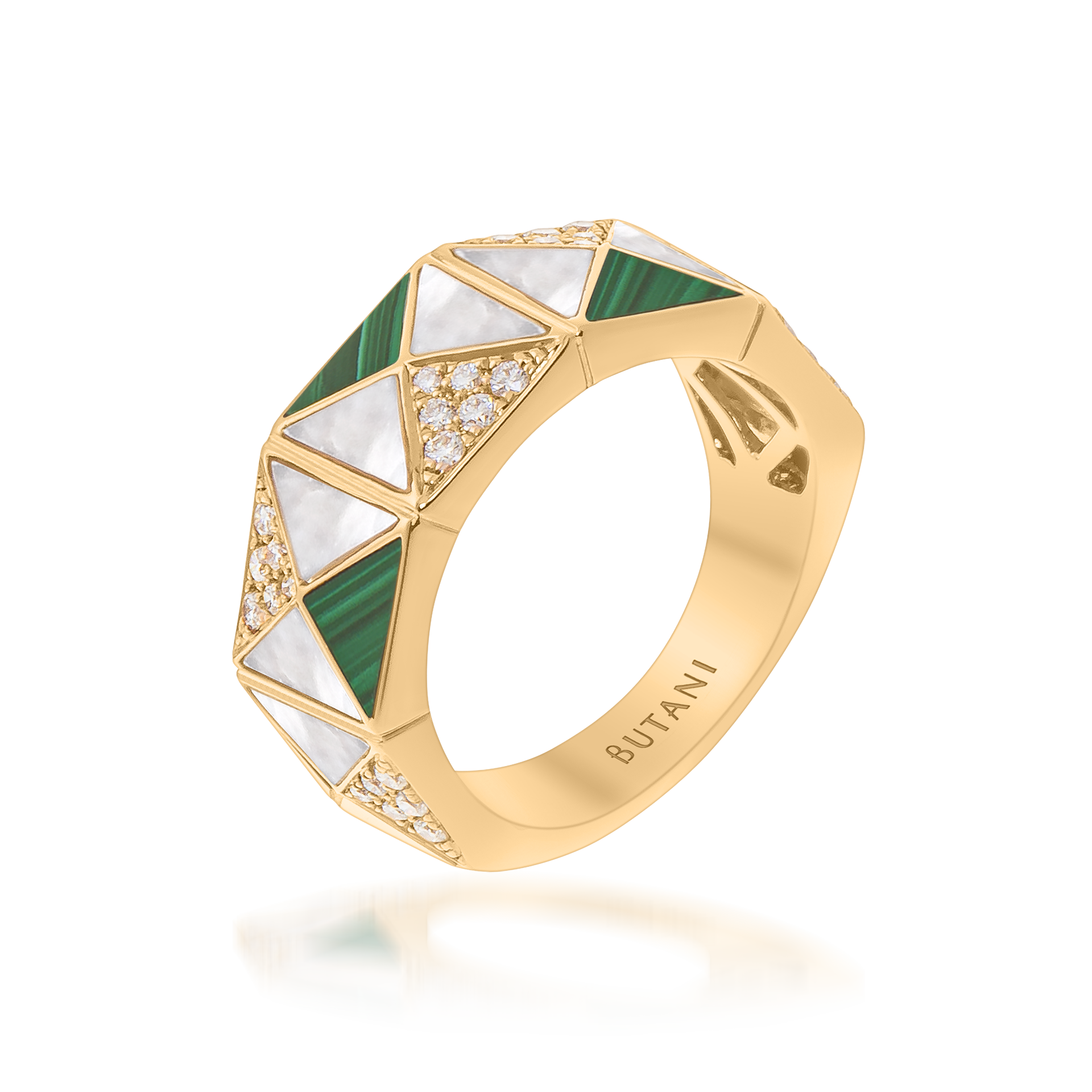 Deco Edge Ring with Malachite, White Mother of Pearl & Diamonds In 18K Yellow Gold