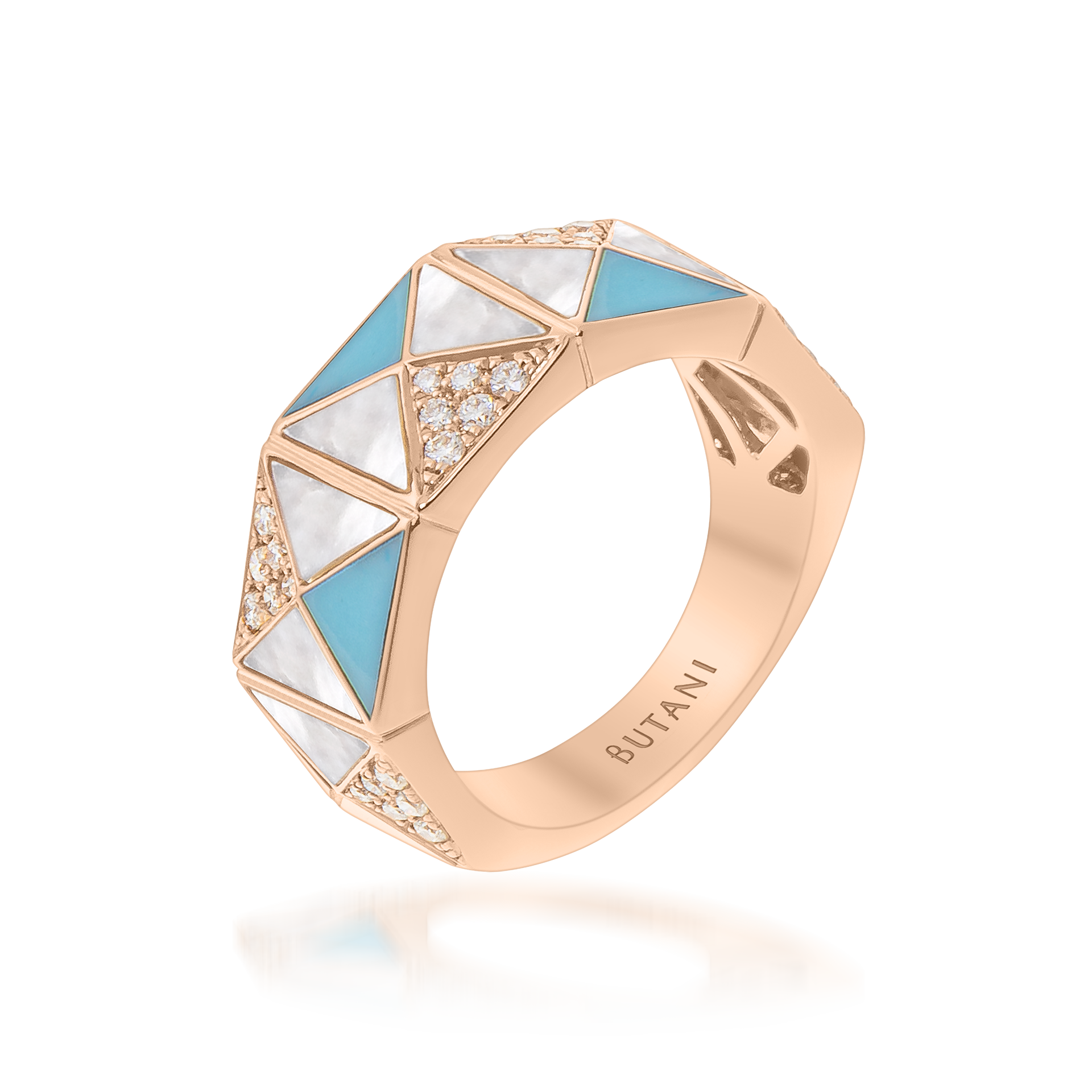 Deco Edge Ring with Turquoise, White Mother of Pearl & Diamonds In 18K Rose Gold