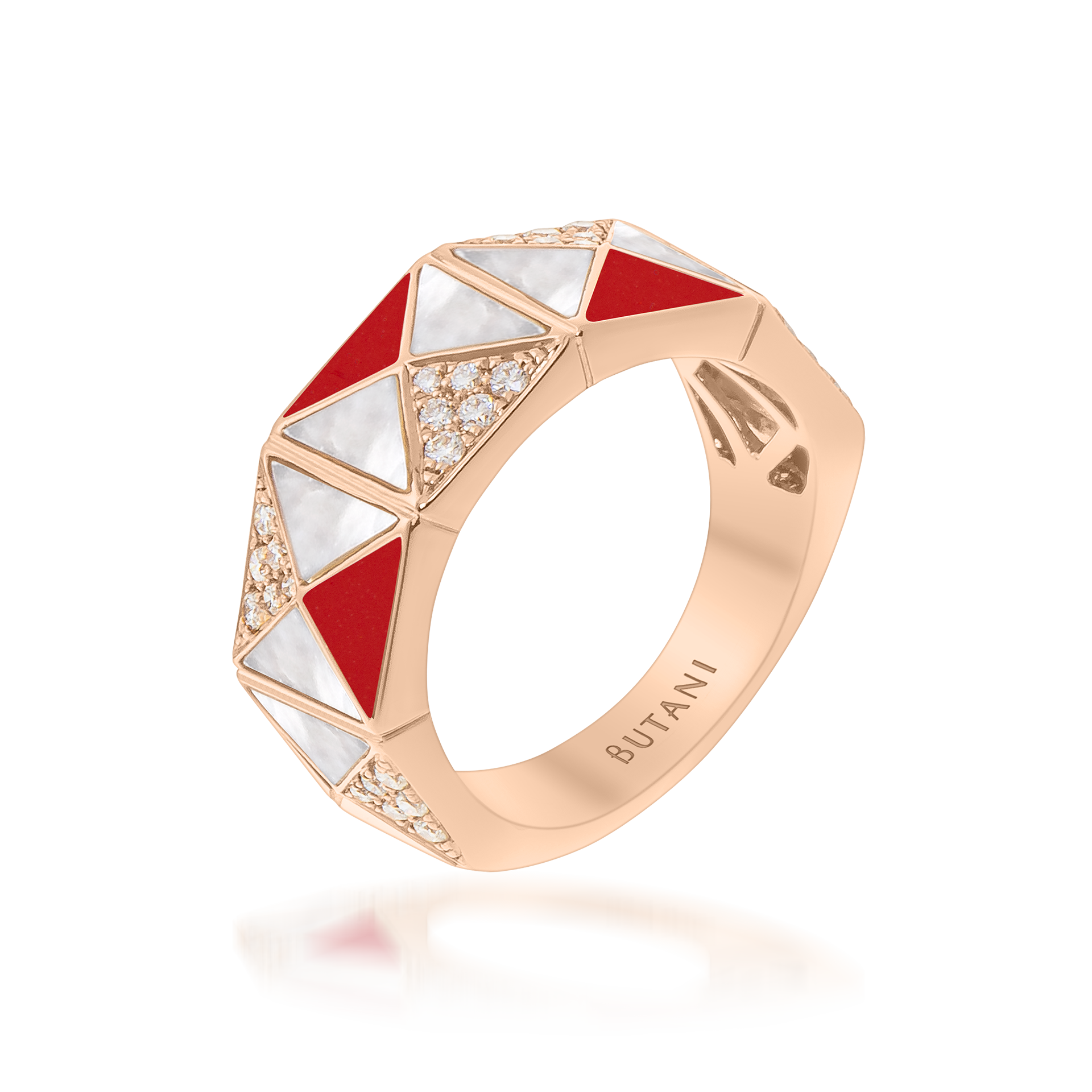 Deco Edge Ring with Red Coral, White Mother of Pearl & Diamonds In 18K Rose Gold