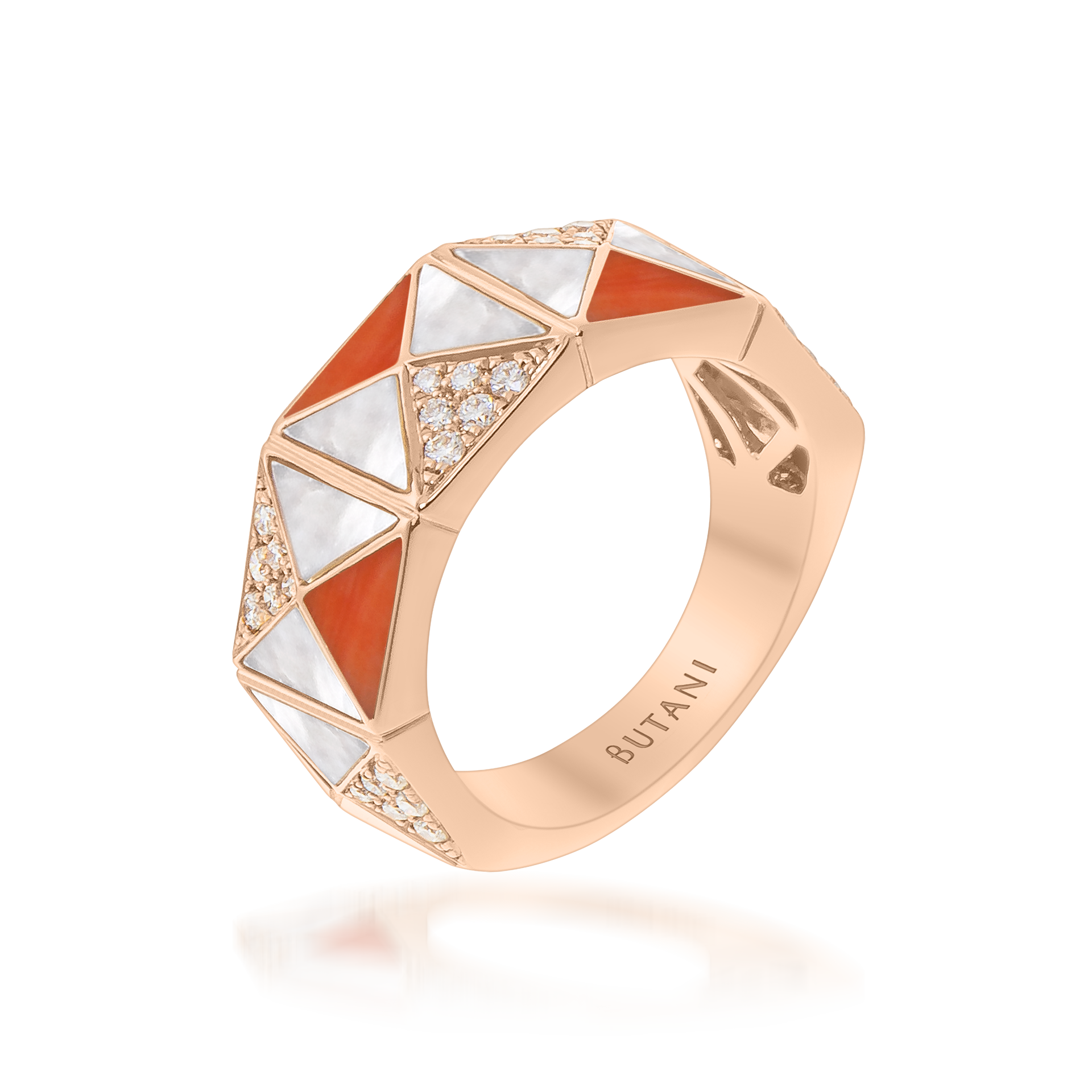 Deco Edge Ring with Orange Coral, White Mother of Pearl & Diamonds In 18K Rose Gold
