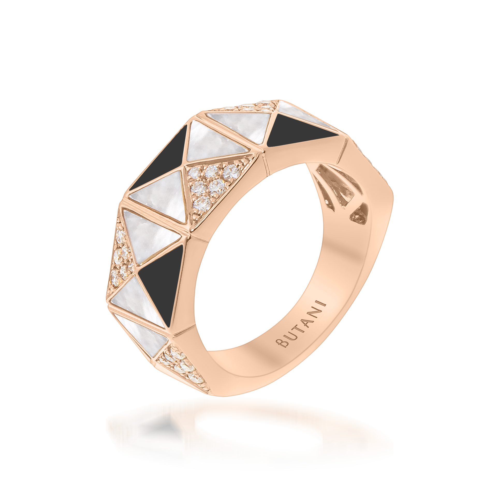 Deco Edge Ring with Black Onyx, White Mother of Pearl & Diamonds In 18K Rose Gold