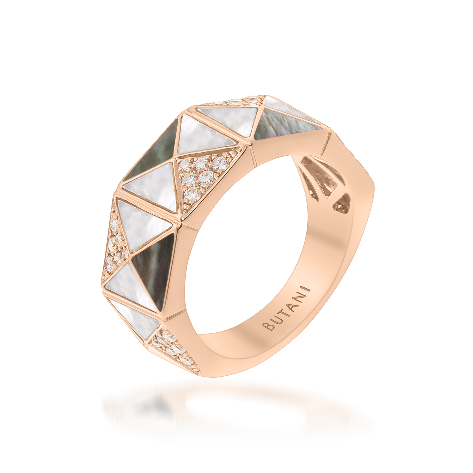 Deco Edge Ring with Grey Mother of Pearl, White Mother of Pearl & Diamonds In 18K Rose Gold