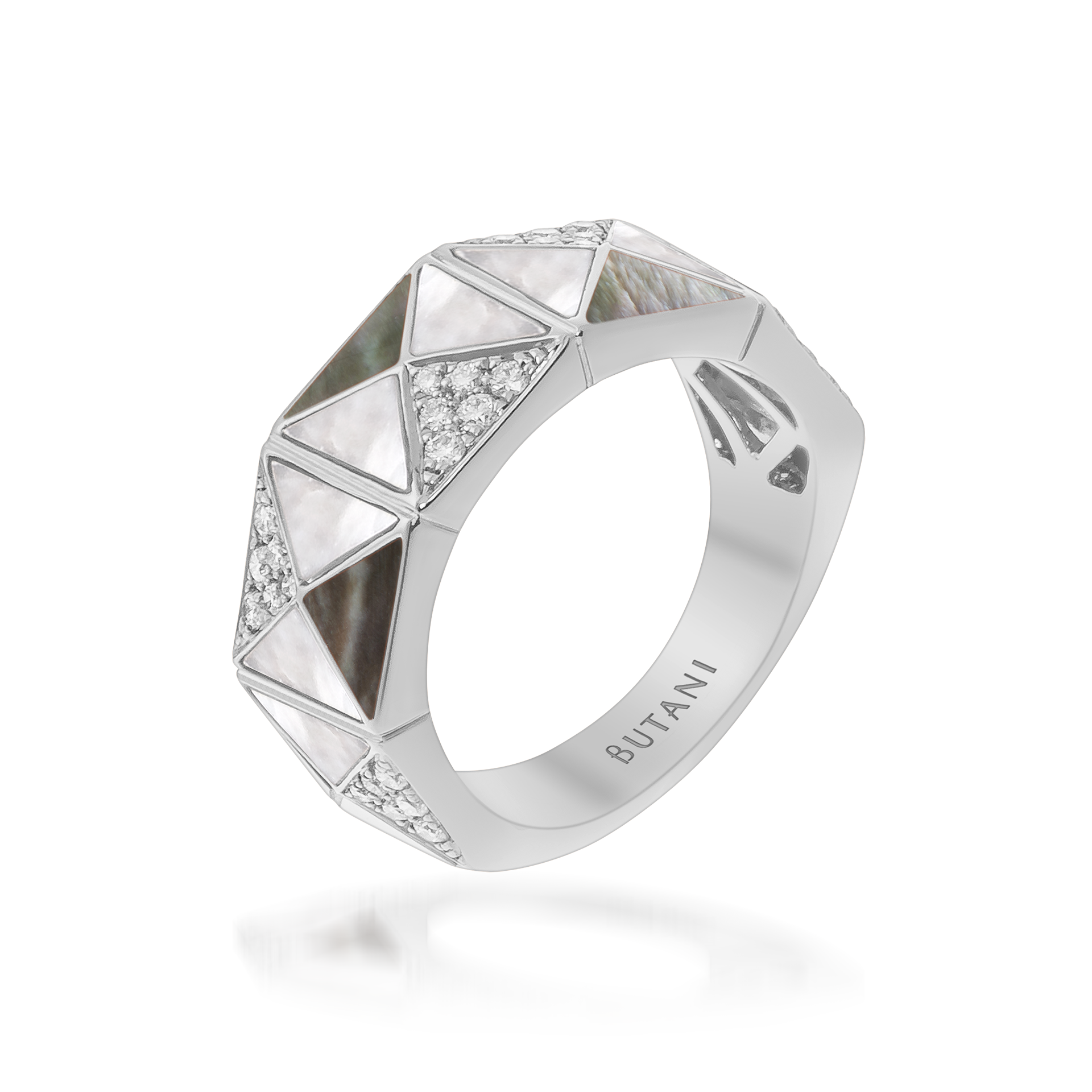 Deco Edge Ring with Grey Mother of Pearl, White Mother of Pearl & Diamonds In 18K White Gold