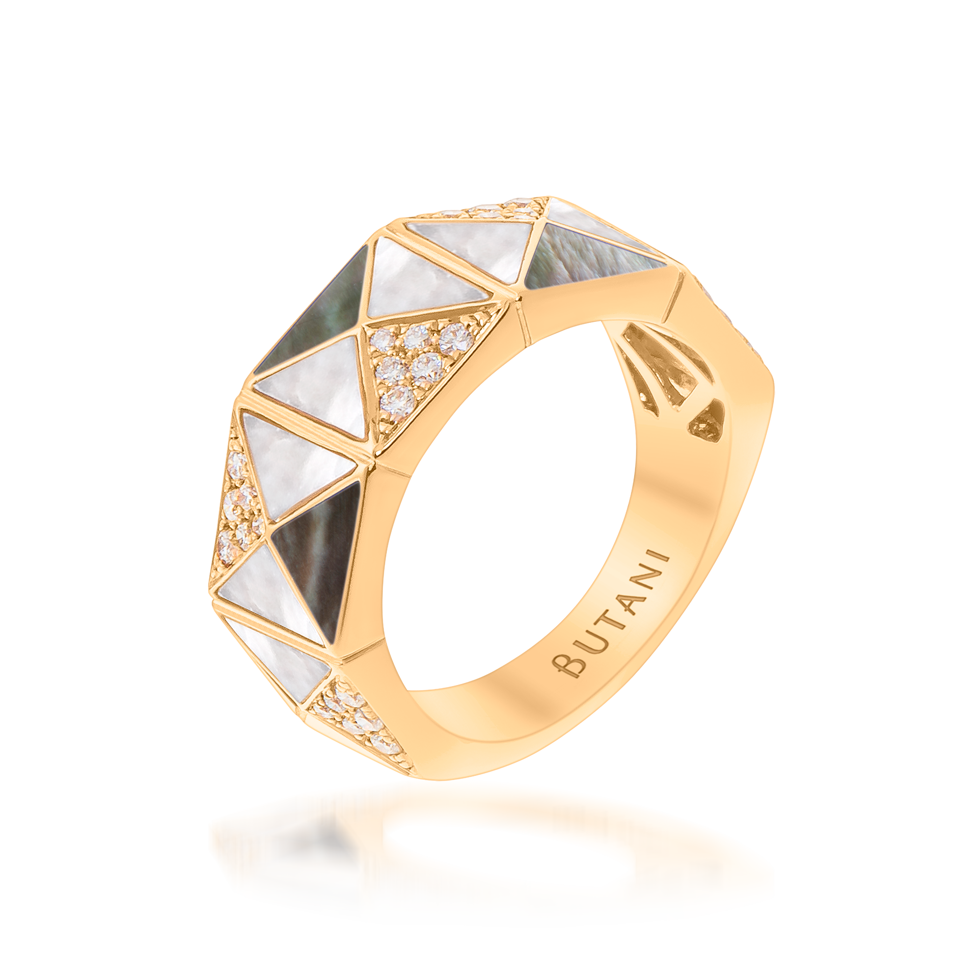 Deco Edge Ring with Grey Mother of Pearl, White Mother of Pearl & Diamonds In 18K Yellow Gold