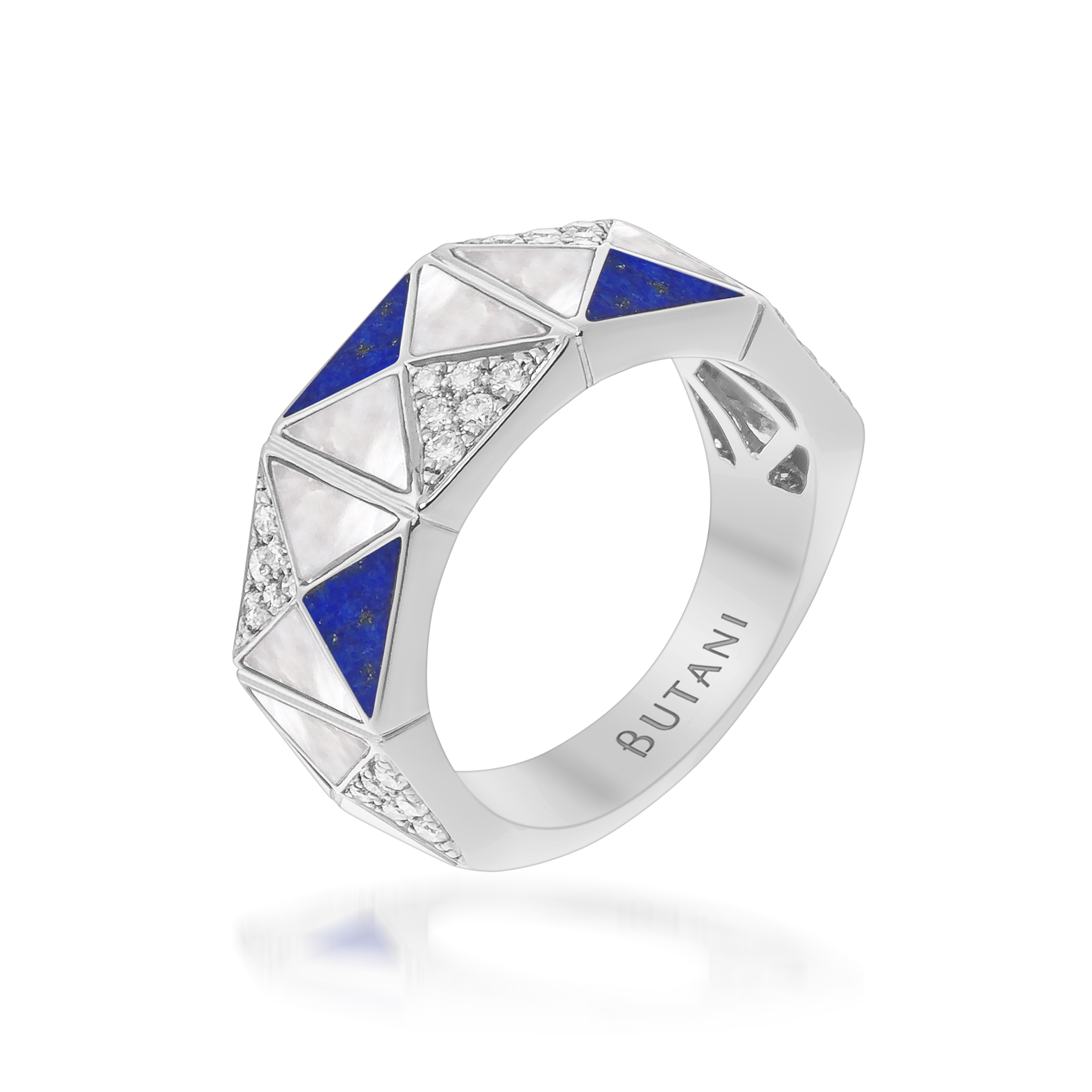 Deco Edge Ring with Lapis Lazuli, White Mother of Pearl & Diamonds In 18K White Gold