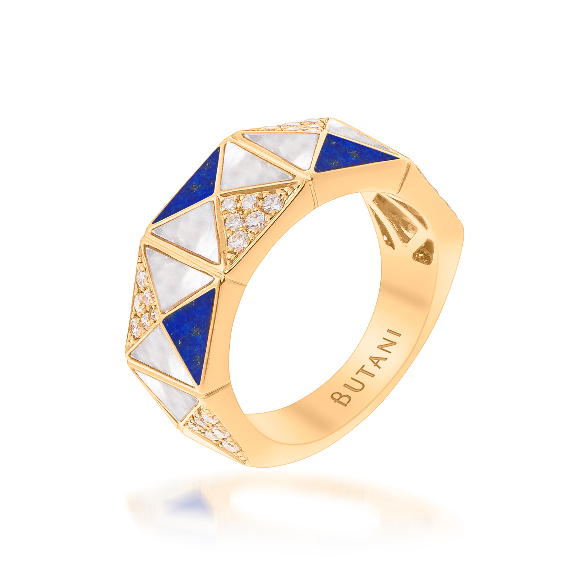 Deco Edge Ring with Lapis Lazuli, White Mother of Pearl & Diamonds In 18K Yellow Gold