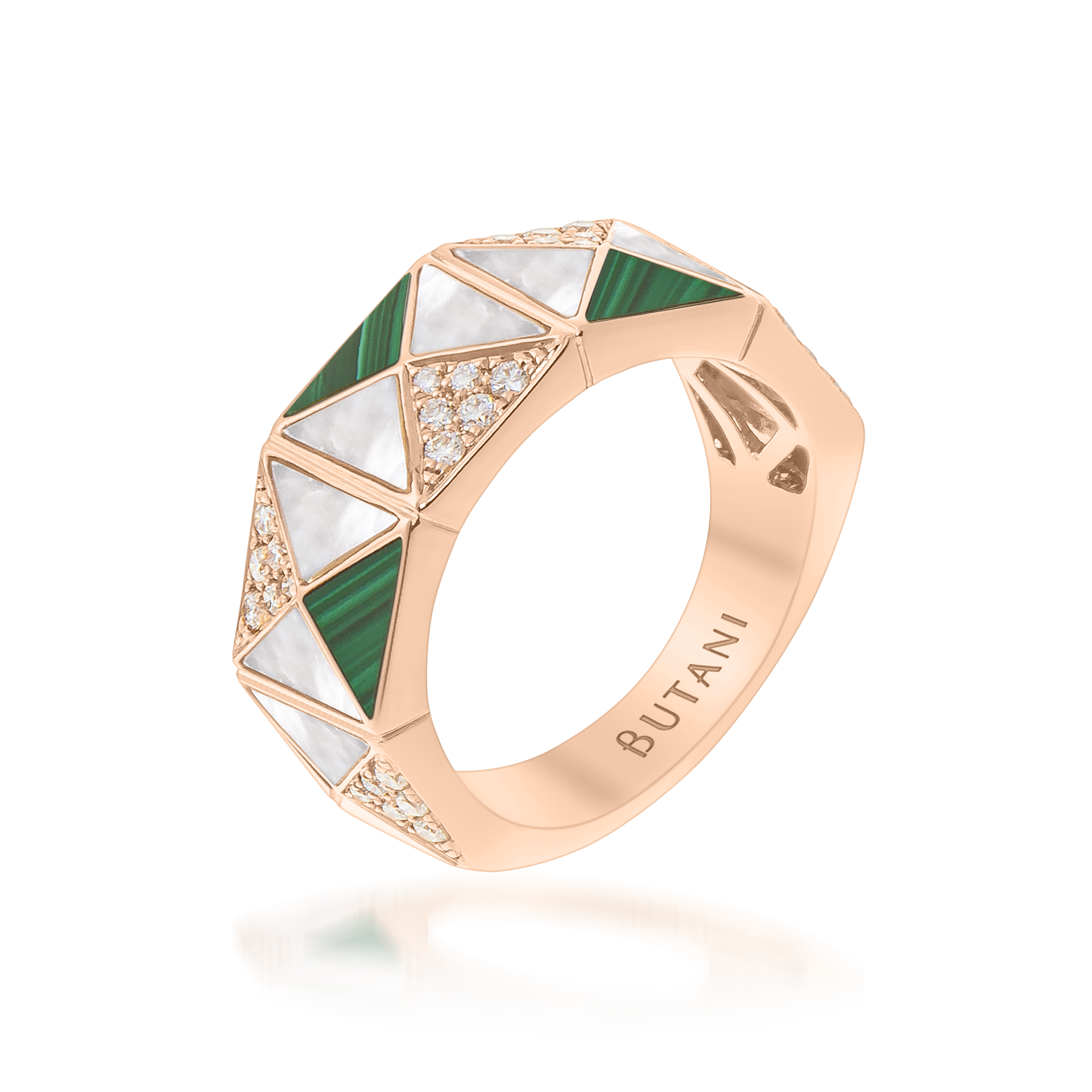Deco Edge Ring with Malachite, White Mother of Pearl & Diamonds In 18K Rose Gold