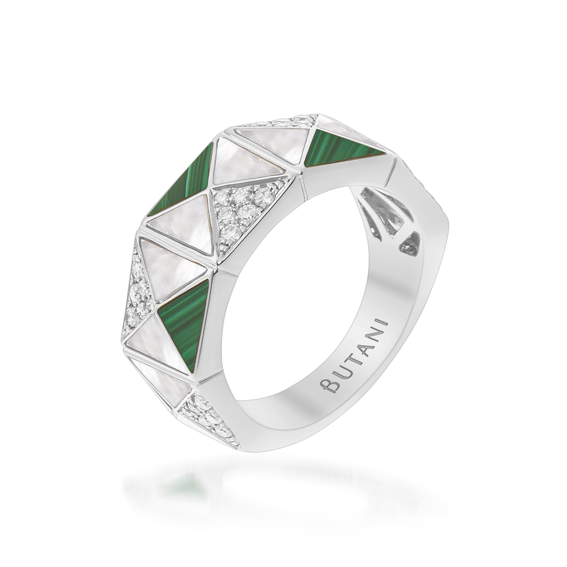 Deco Edge Ring with Malachite, White Mother of Pearl & Diamonds In 18K White Gold