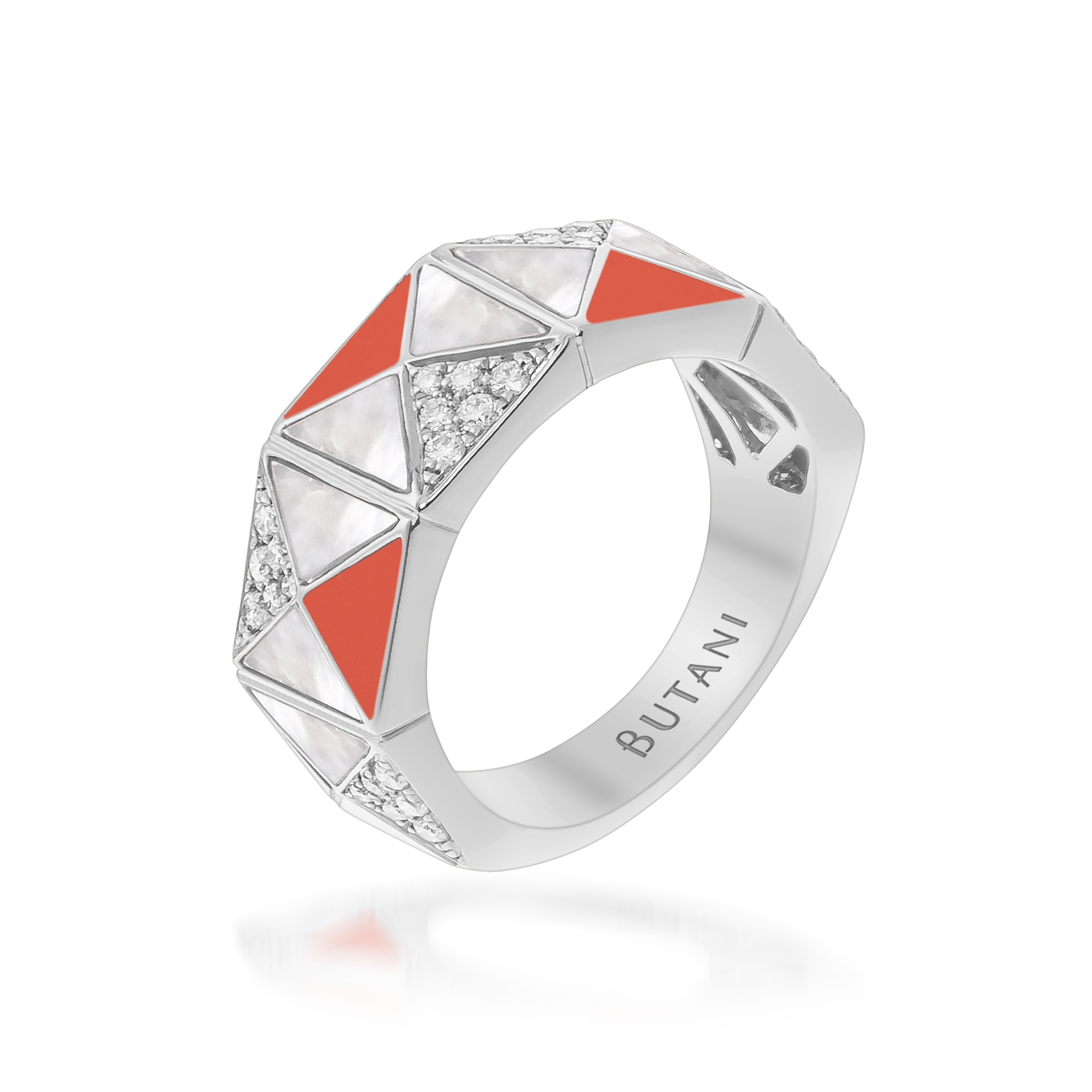 Deco Edge Ring with Orange Coral, White Mother of Pearl & Diamonds In 18K White Gold