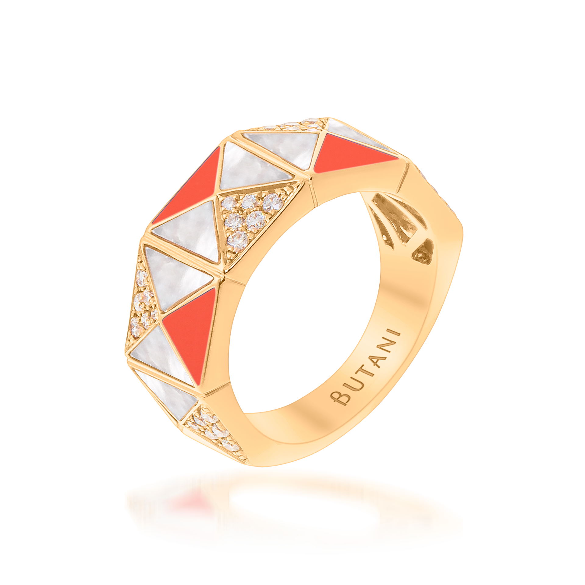 Deco Edge Ring with Orange Coral, White Mother of Pearl & Diamonds In 18K Yellow Gold