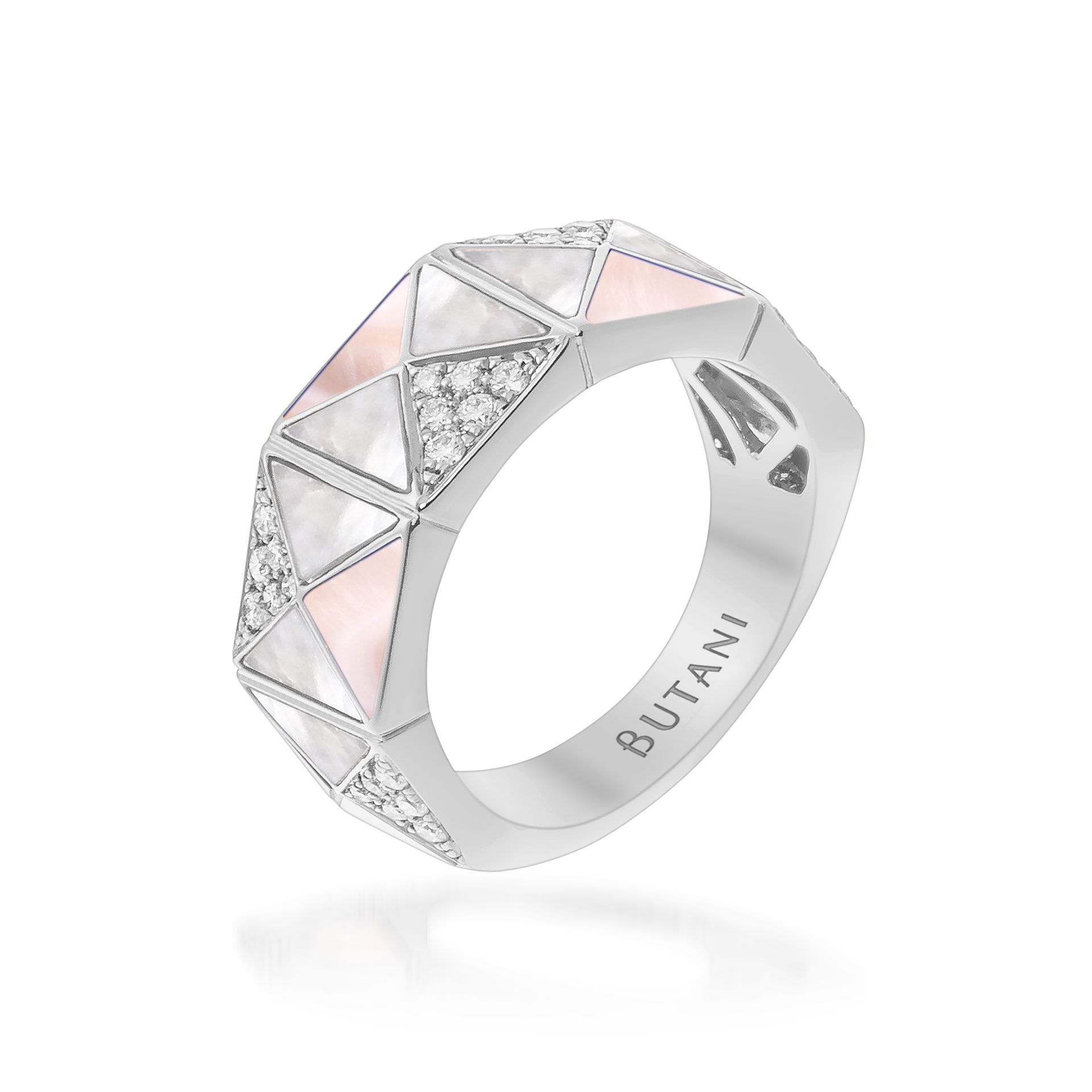 Deco Edge Ring with Pink Mother of Pearl, White Mother of Pearl & Diamonds In 18K White Gold