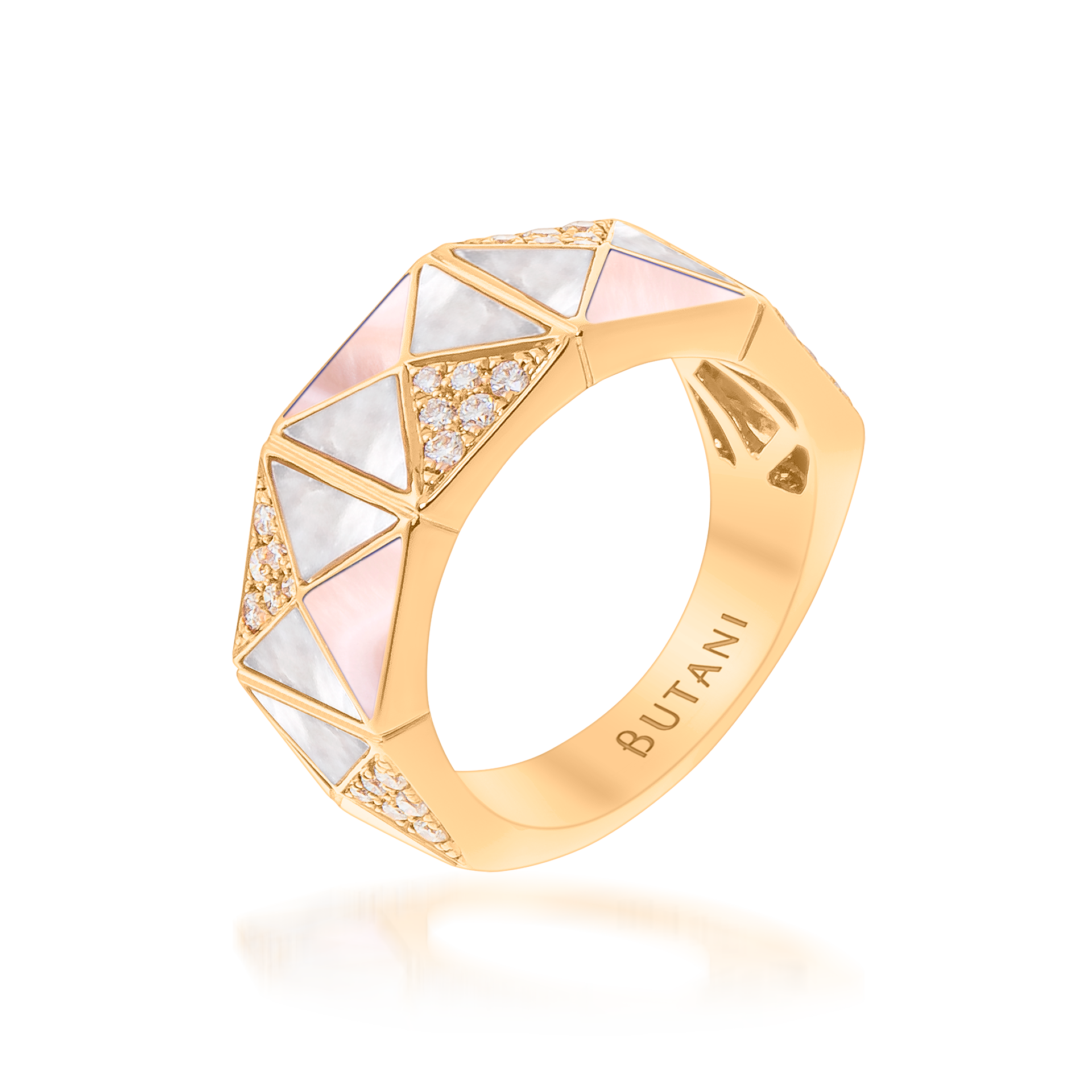 Deco Edge Ring with Pink Mother of Pearl, White Mother of Pearl & Diamonds In 18K Yellow Gold