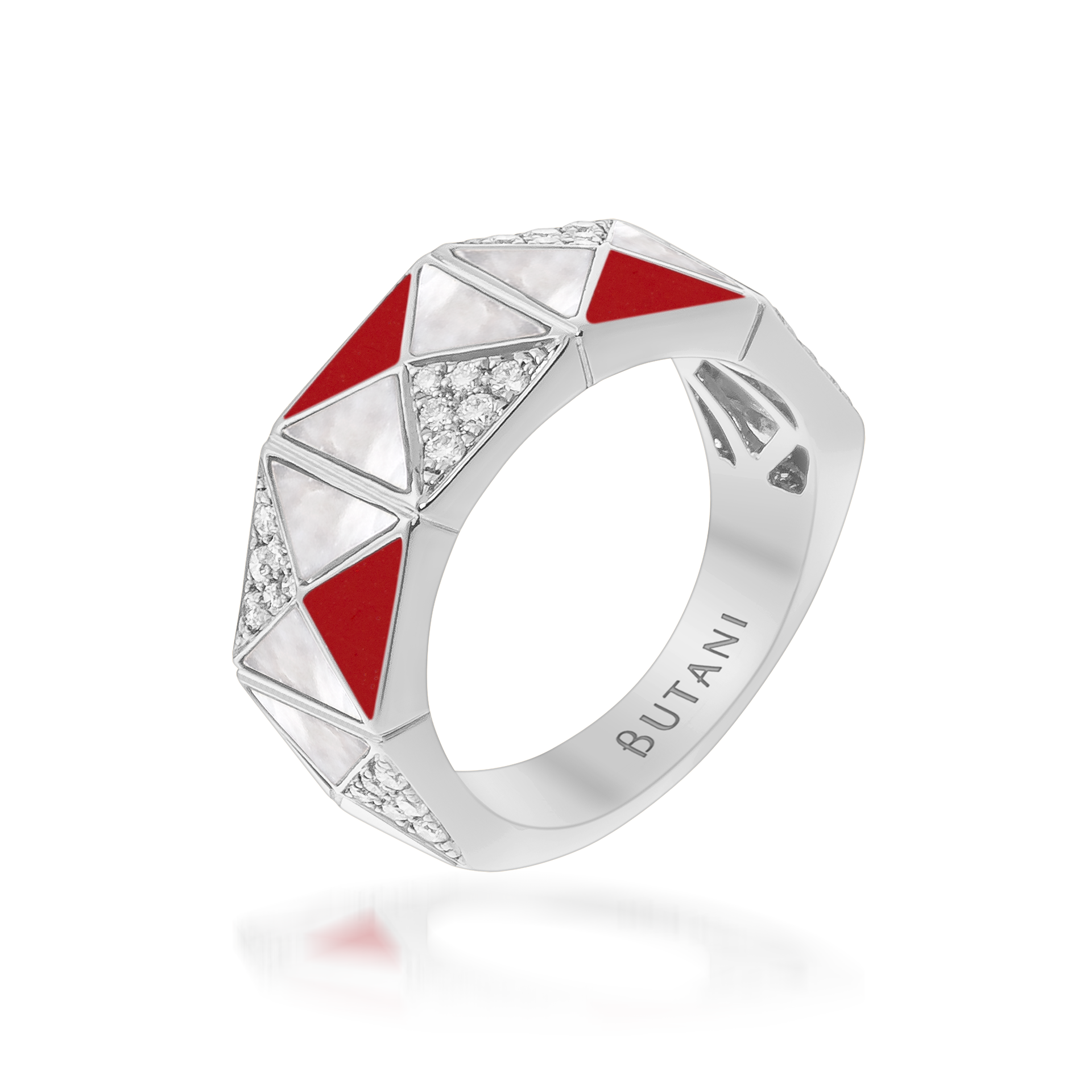 Deco Edge Ring with Red Coral, White Mother of Pearl & Diamonds In 18K White Gold