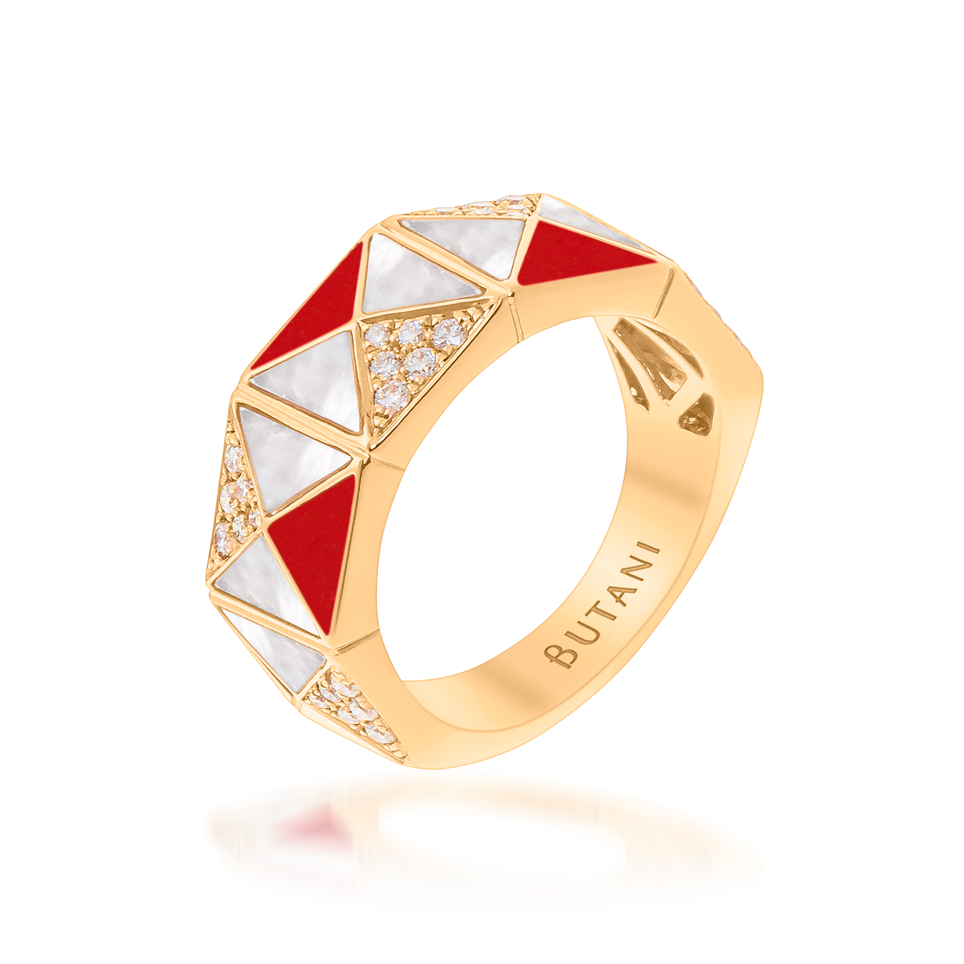 Deco Edge Ring with Red Coral, White Mother of Pearl & Diamonds In 18K Yellow Gold