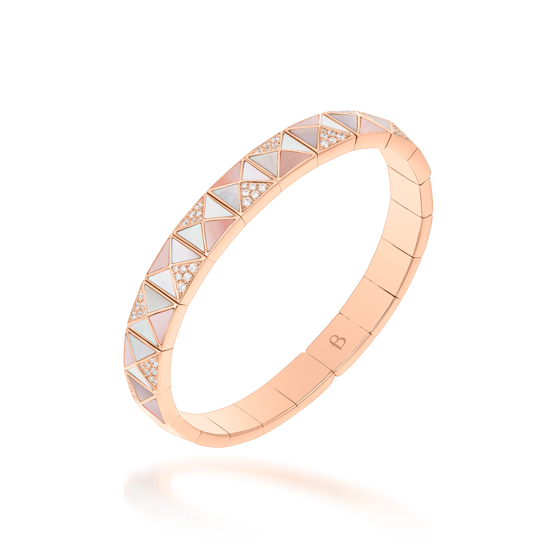 Deco Edge Bangle with Pink Mother of Pearl, White mother of Pearl & Diamonds In 18K Rose Gold