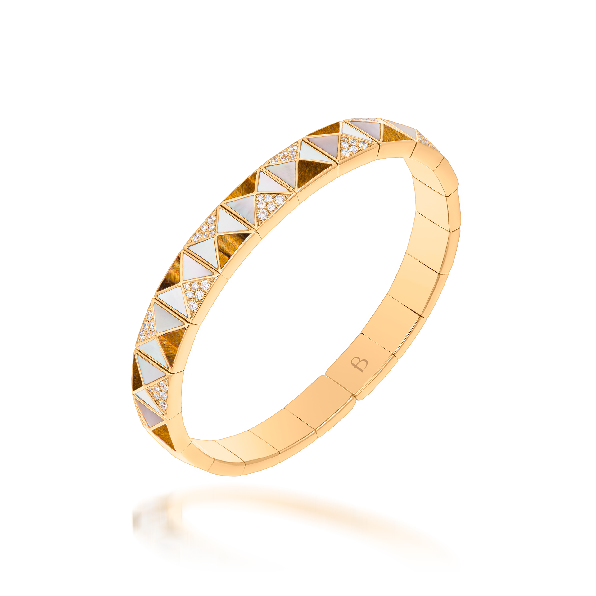 Deco Edge Bangle with Tiger Eye, White Mother of Pearl & Diamonds In 18K Yellow Gold