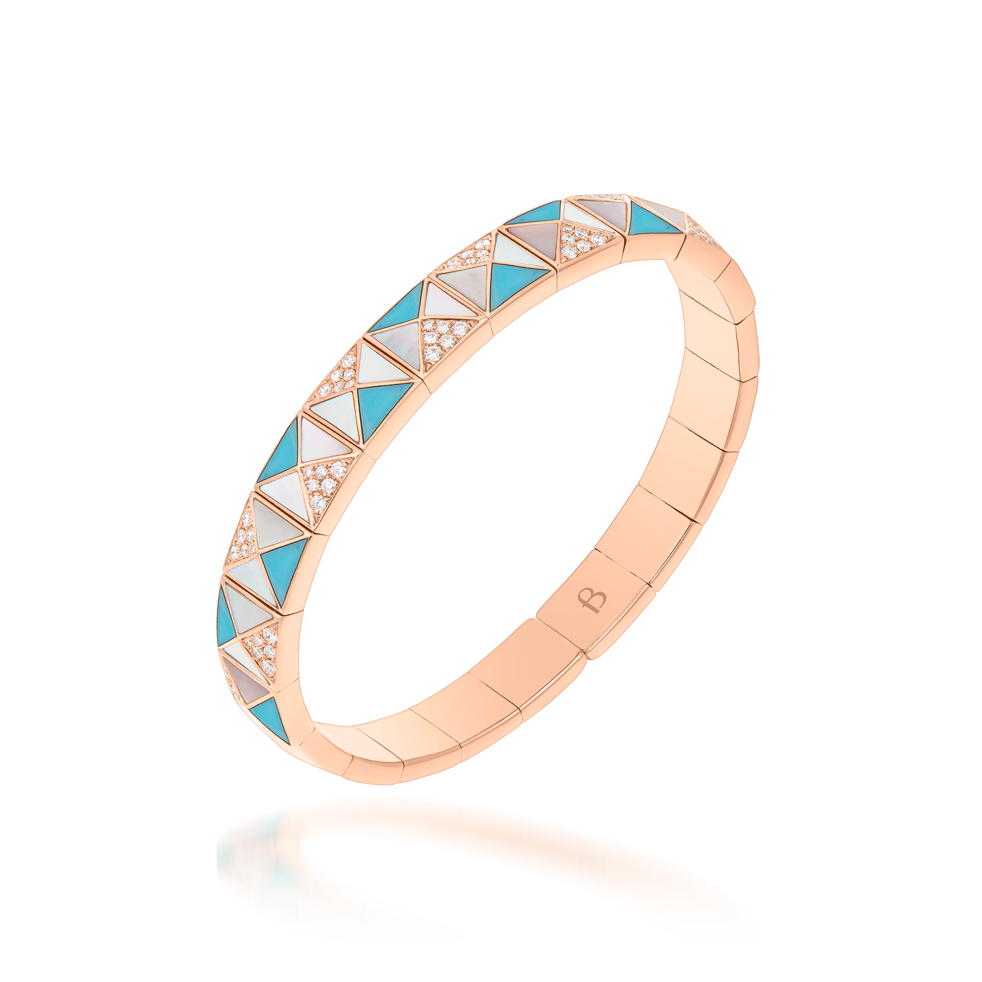 Deco Edge Bangle with Turquoise, White Mother of Pearl & Diamonds In 18K Rose Gold