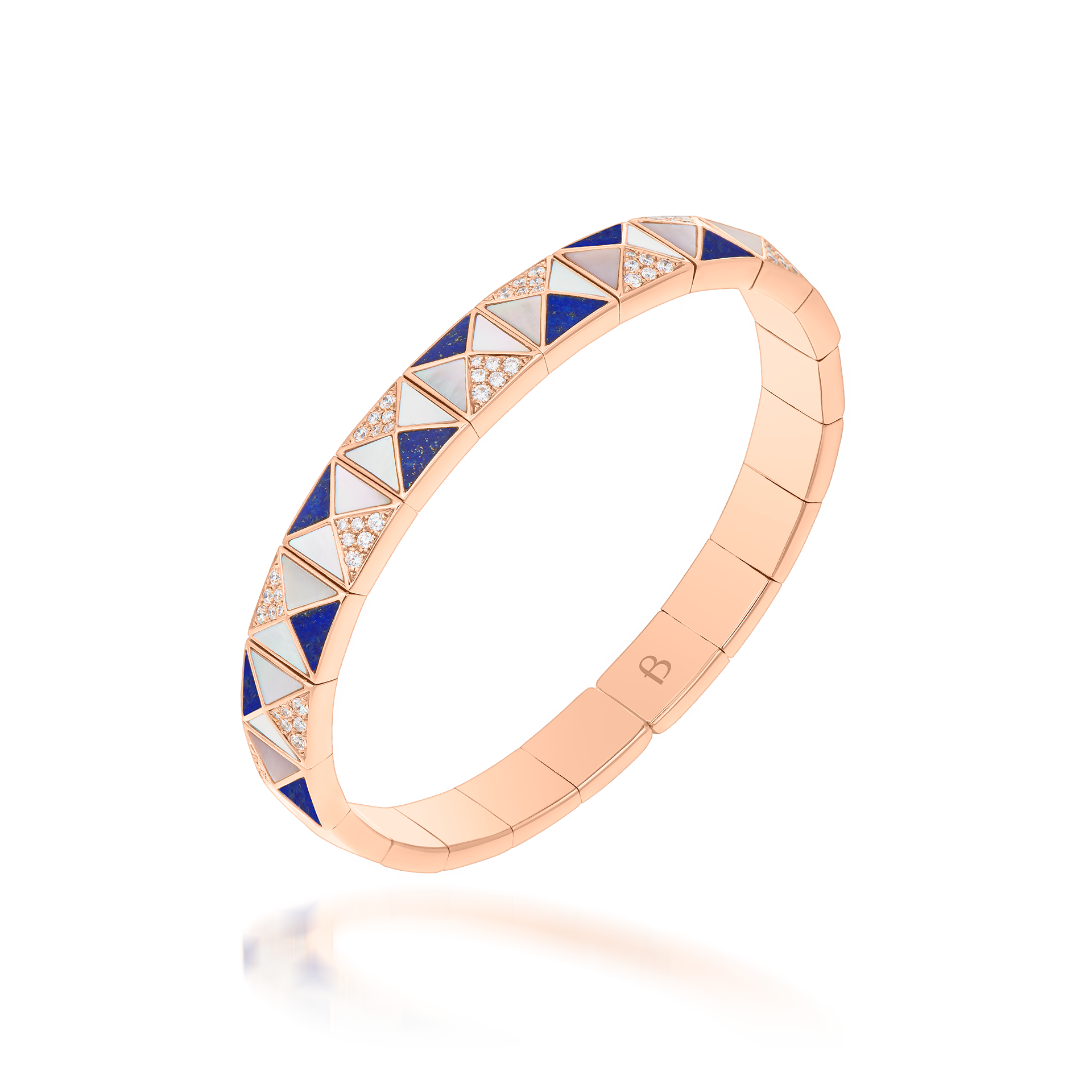 Deco Edge Bangle with Lapis Lazuli, White Mother of Pearl & Diamonds In 18K Rose Gold