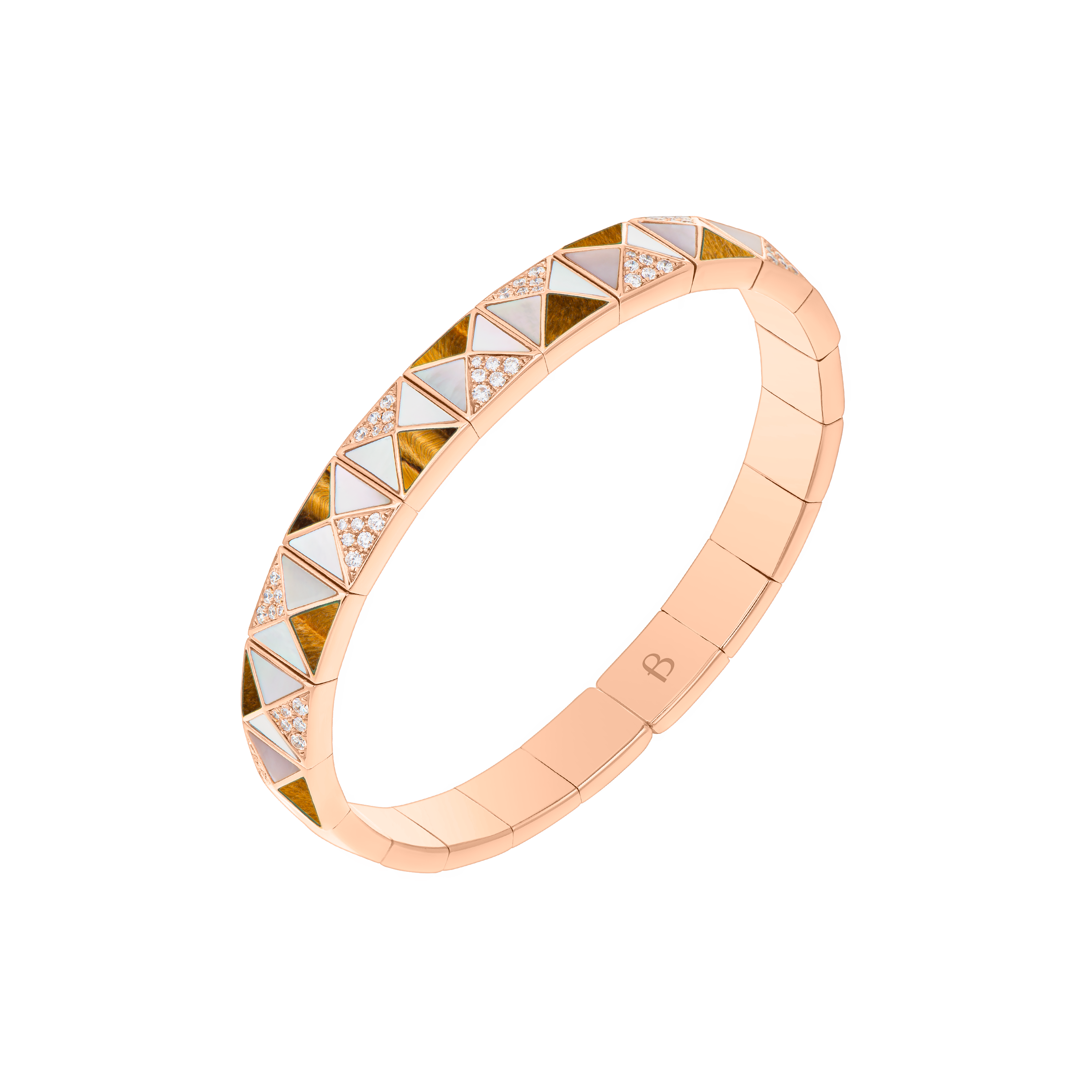 Deco Edge Bangle with Tiger Eye, White Mother of Pearl & Diamonds In 18K Rose Gold