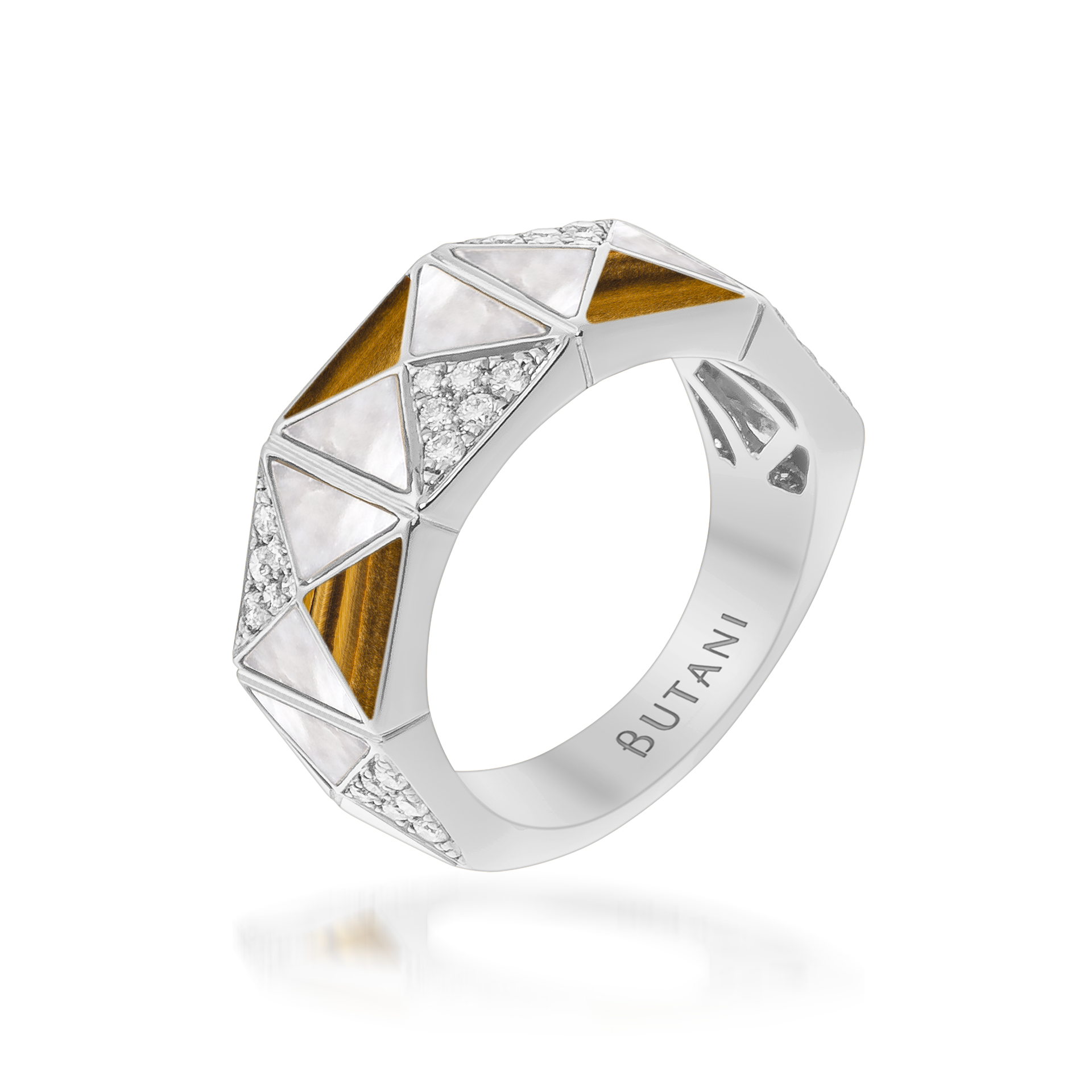 Deco Edge Ring with Tiger Eye, White Mother of Pearl & Diamonds In 18K White Gold