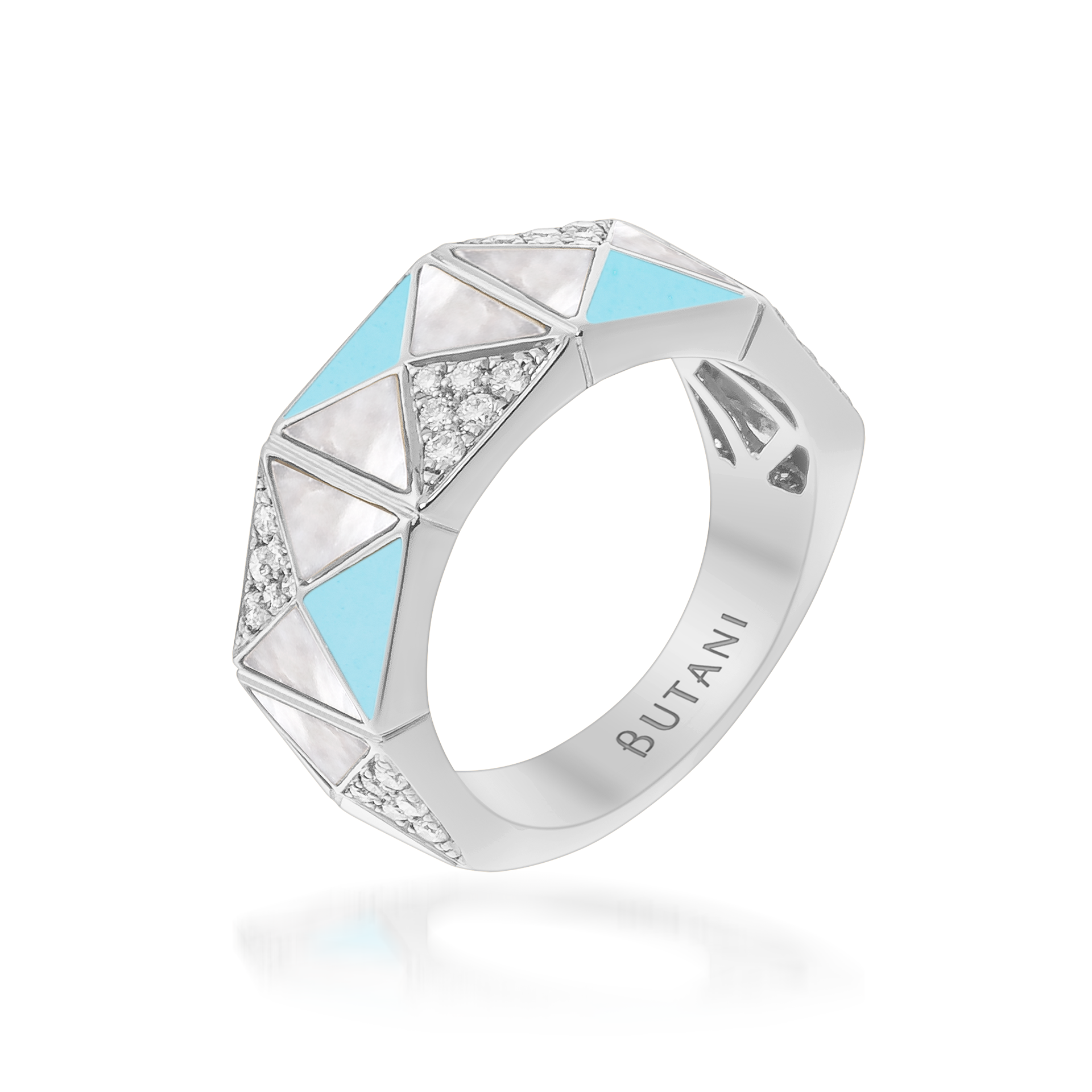 Deco Edge Ring with Turquoise, White Mother of Pearl & Diamonds In 18K White Gold