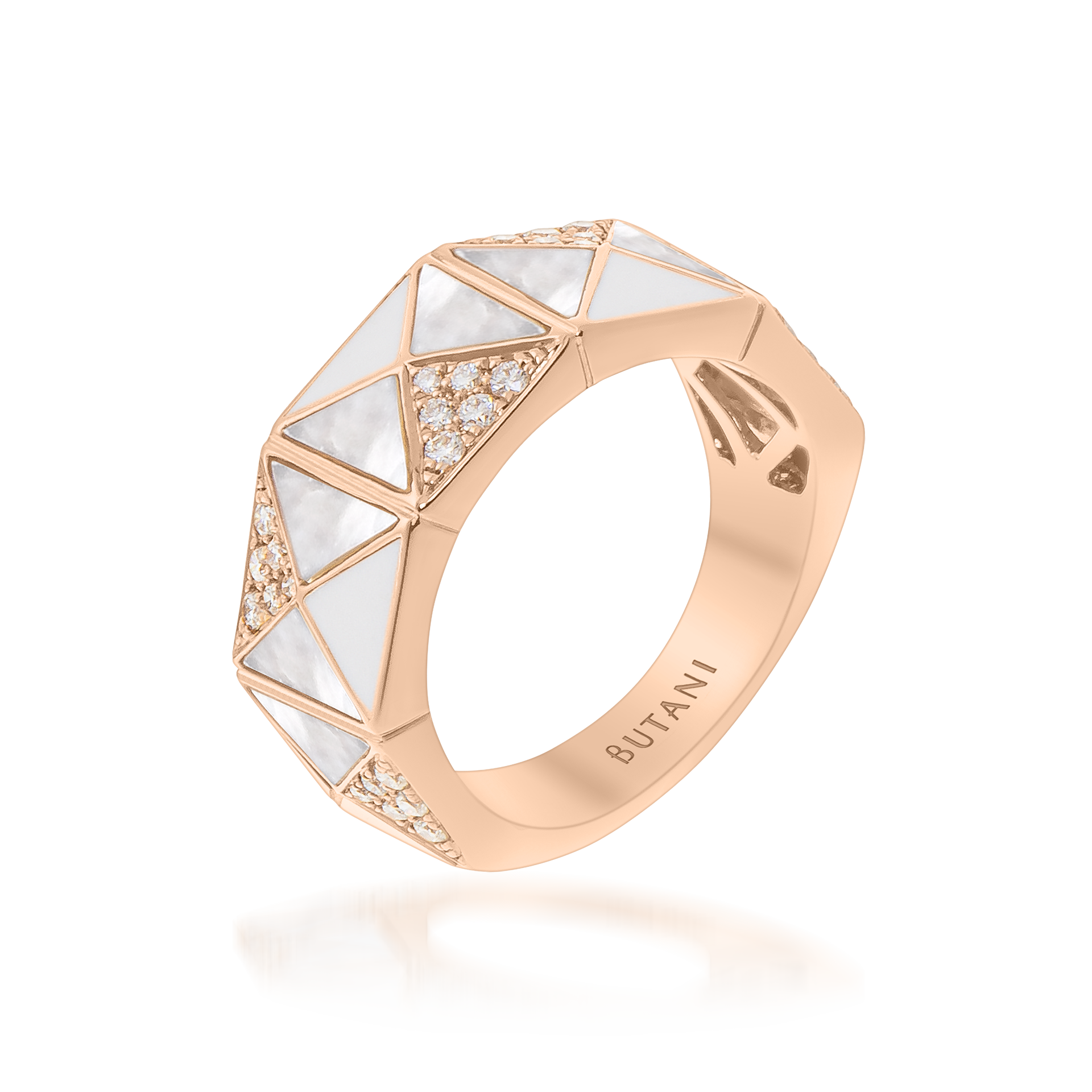 Deco Edge Ring with White Agate, White Mother of Pearl & Diamonds In 18K Rose Gold
