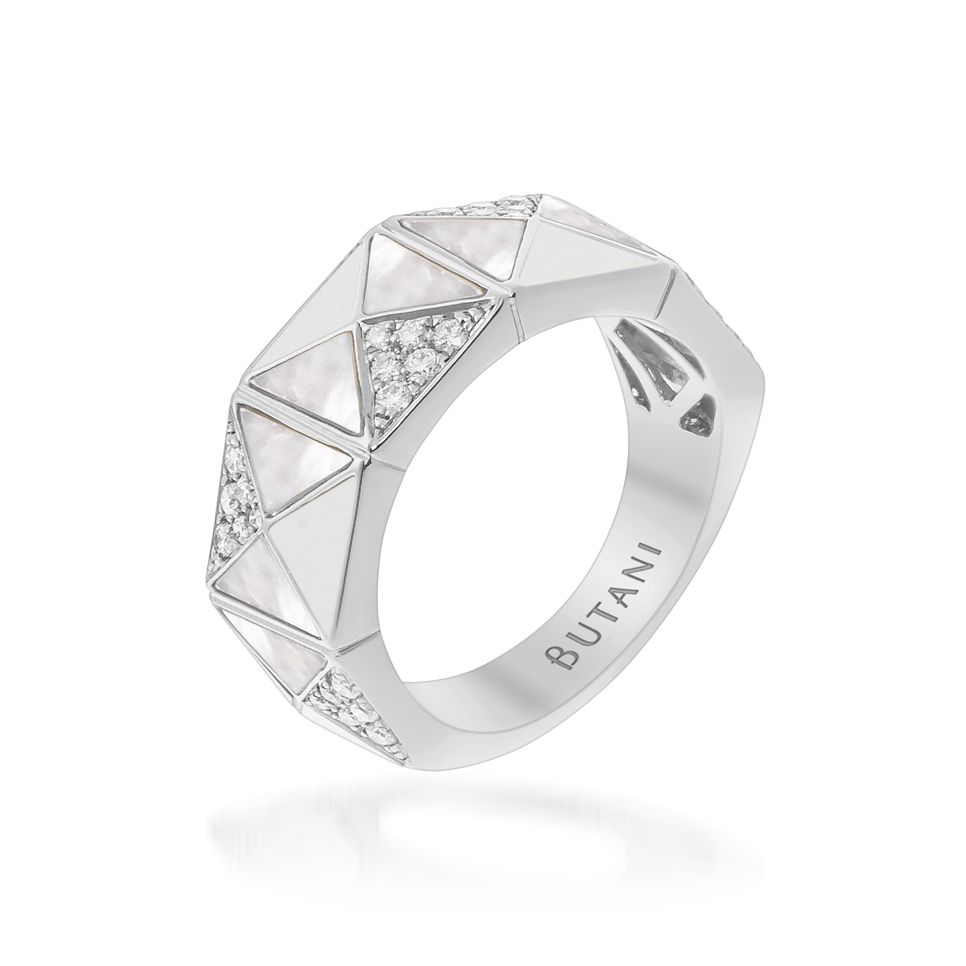 Deco Edge Ring with White Agate, White Mother of Pearl & Diamonds In 18K White Gold