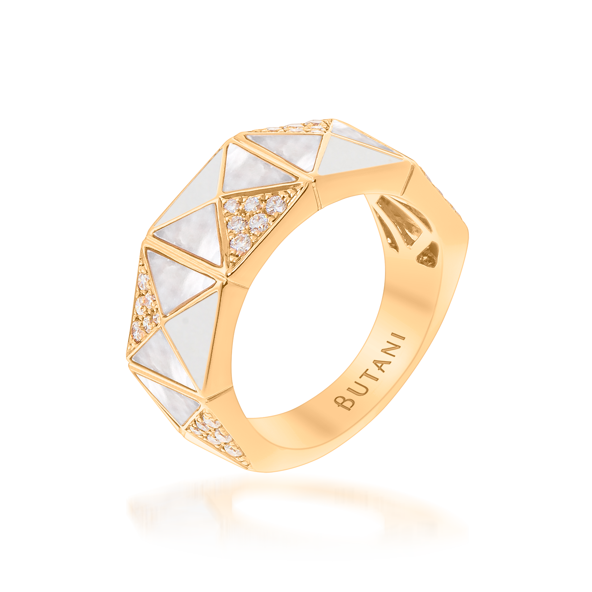 Deco Edge Ring with White Agate, White Mother of Pearl & Diamonds In 18K Yellow Gold