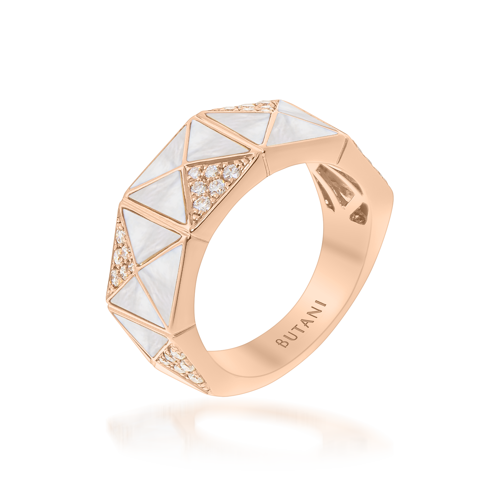 Deco Edge Ring with White Mother of Pearl & Diamonds In 18K Rose Gold